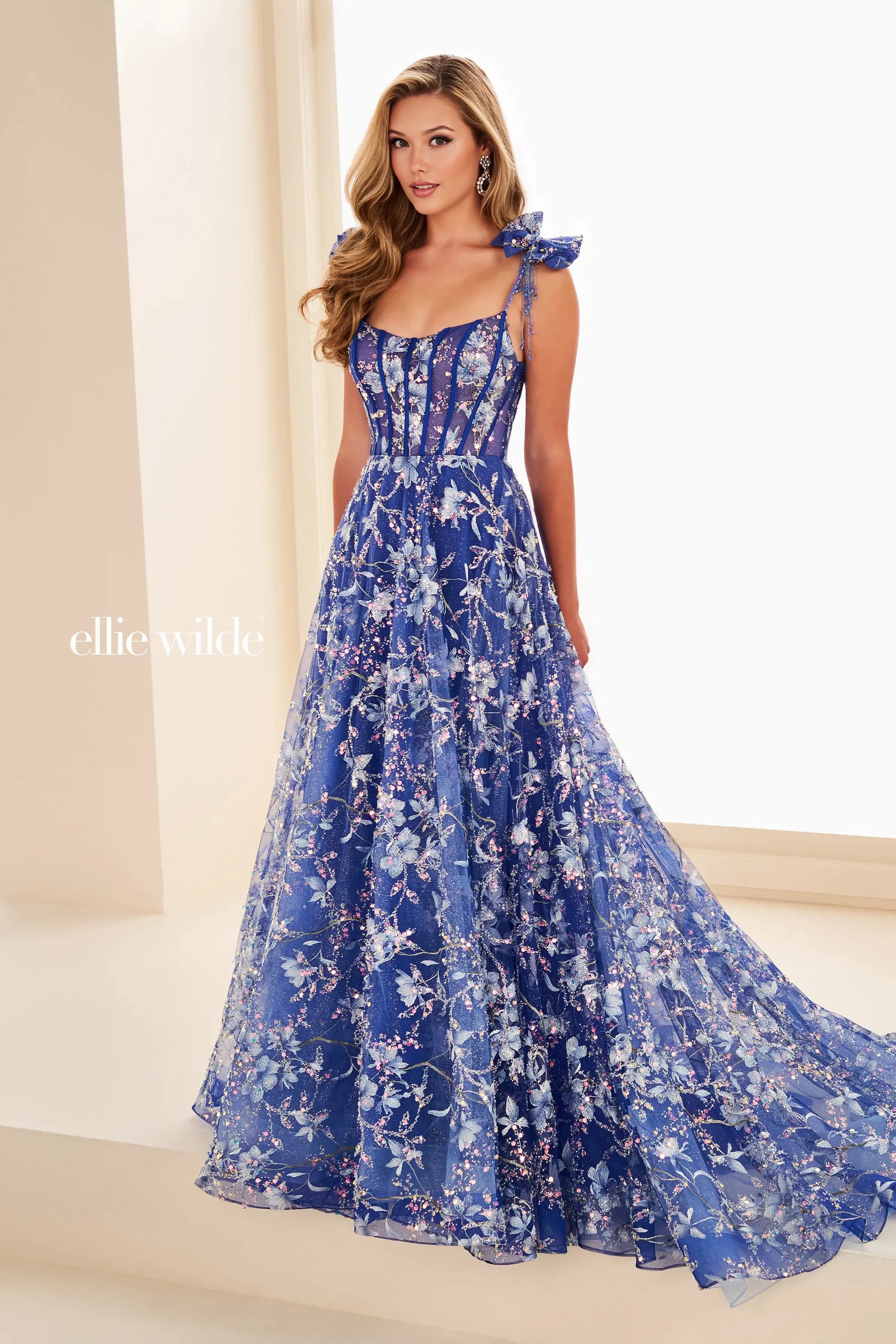 Prom Dresses Glitter Floral Print A Line Long Formal Prom Dress Royal Blue/Multi