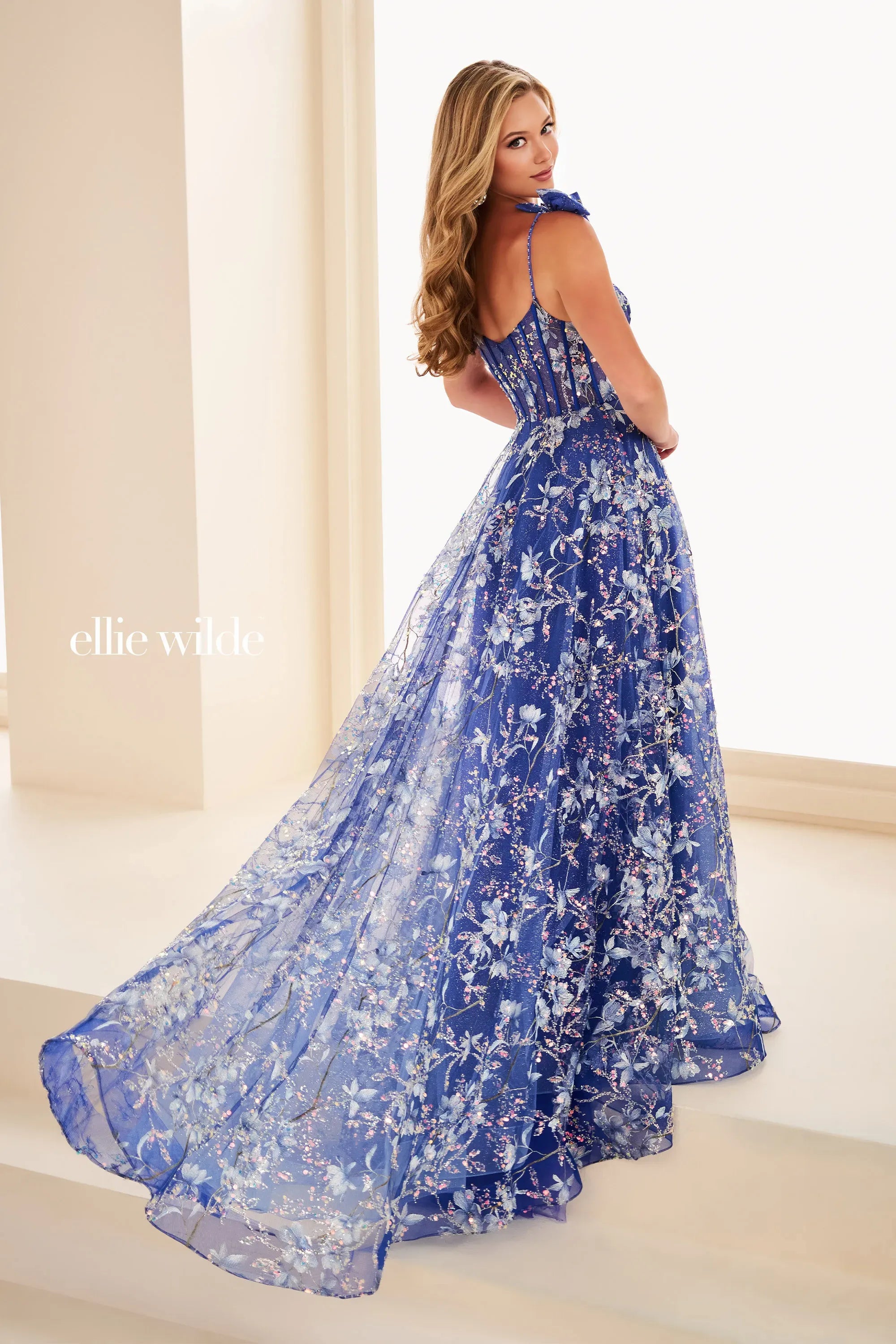 Prom Dresses Glitter Floral Print A Line Long Formal Prom Dress Royal Blue/Multi