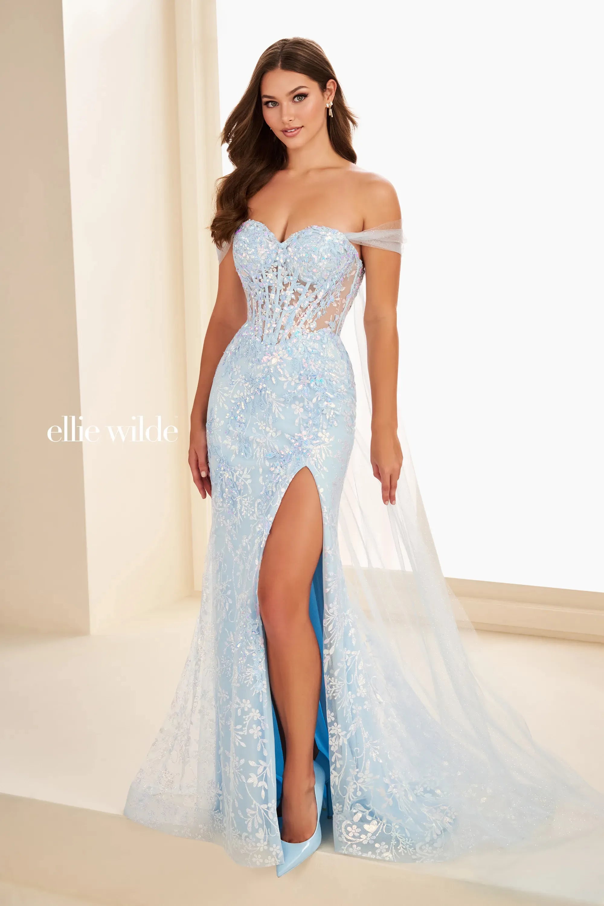 Prom Dresses Glitter Long Formal Sequin Cape Prom Dress Light Blue