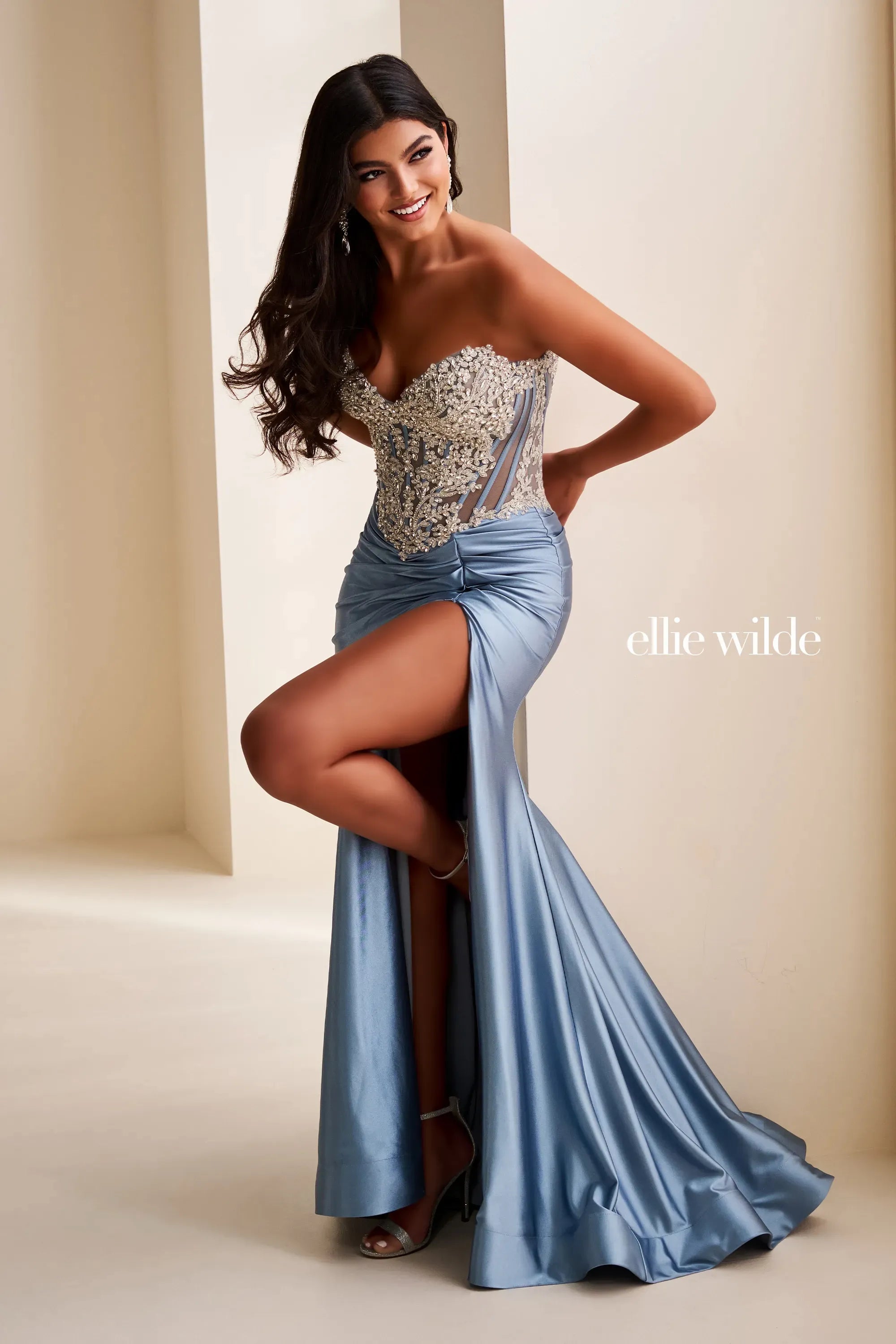Prom Dresses Long Formal Lace Applique Beaded Prom Dress Misty Blue