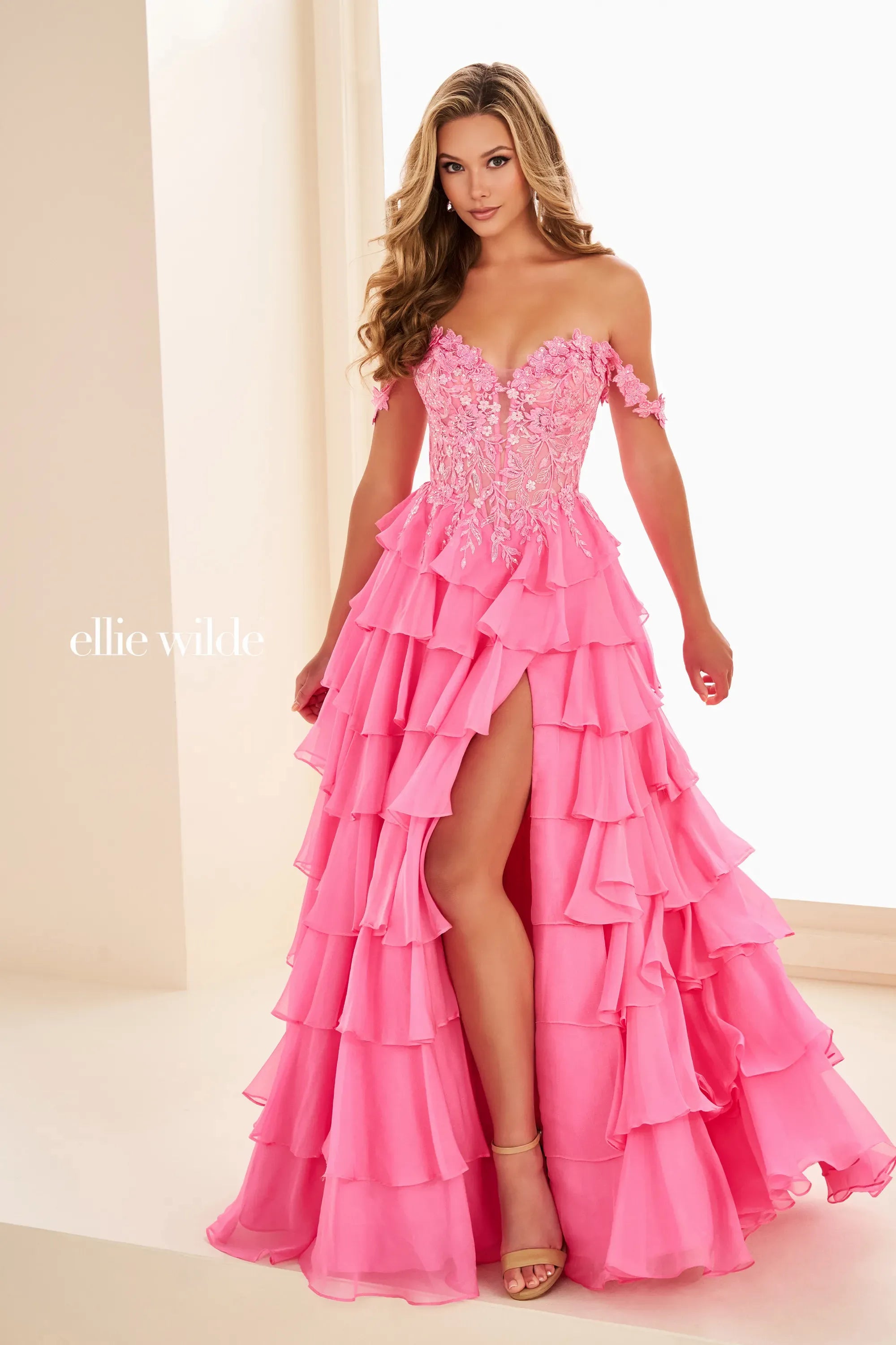 Prom Dresses Long Formal Lace Applique Prom Evening Dress Hot Pink