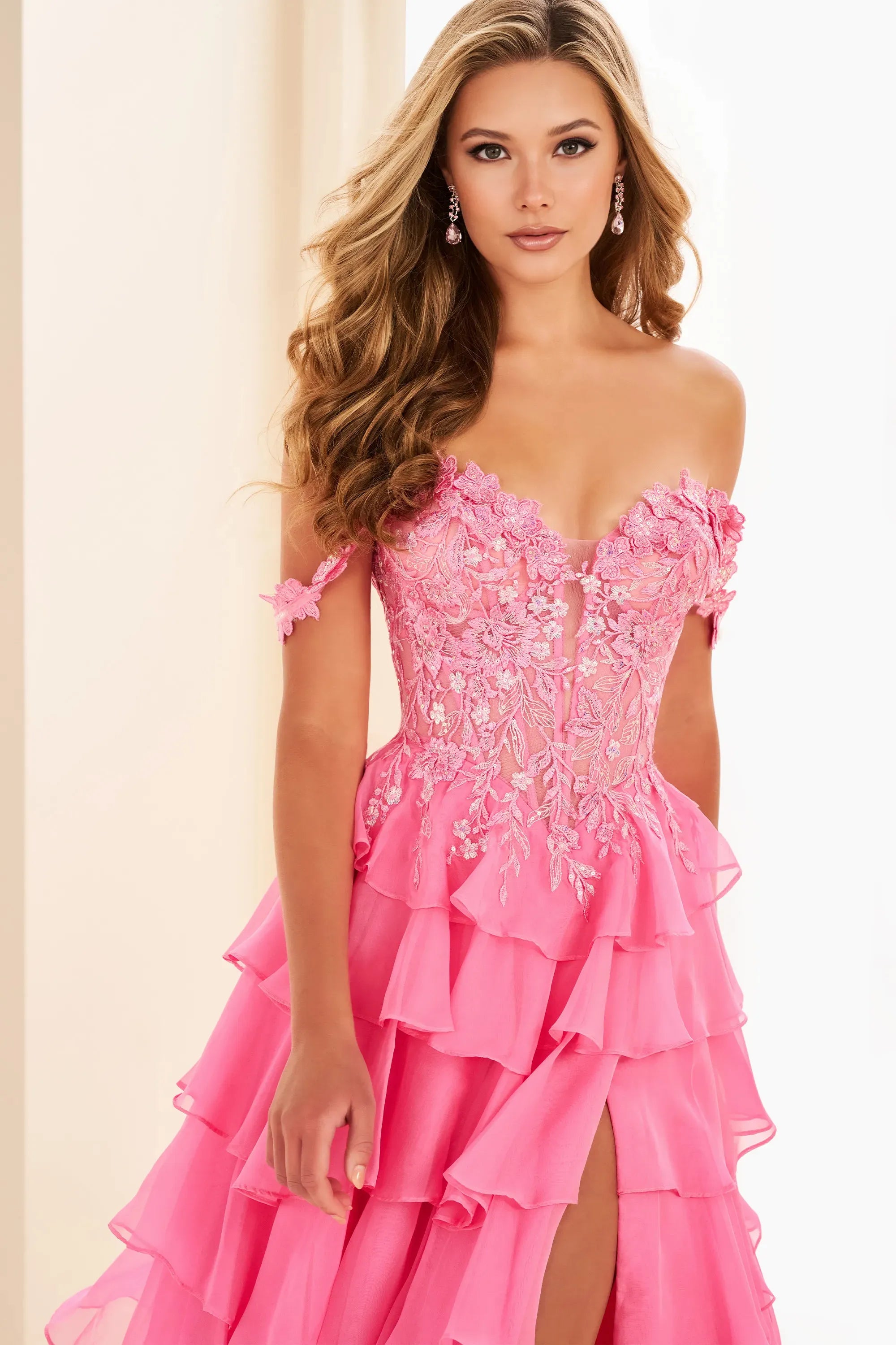 Prom Dresses Long Formal Lace Applique Prom Evening Dress Hot Pink