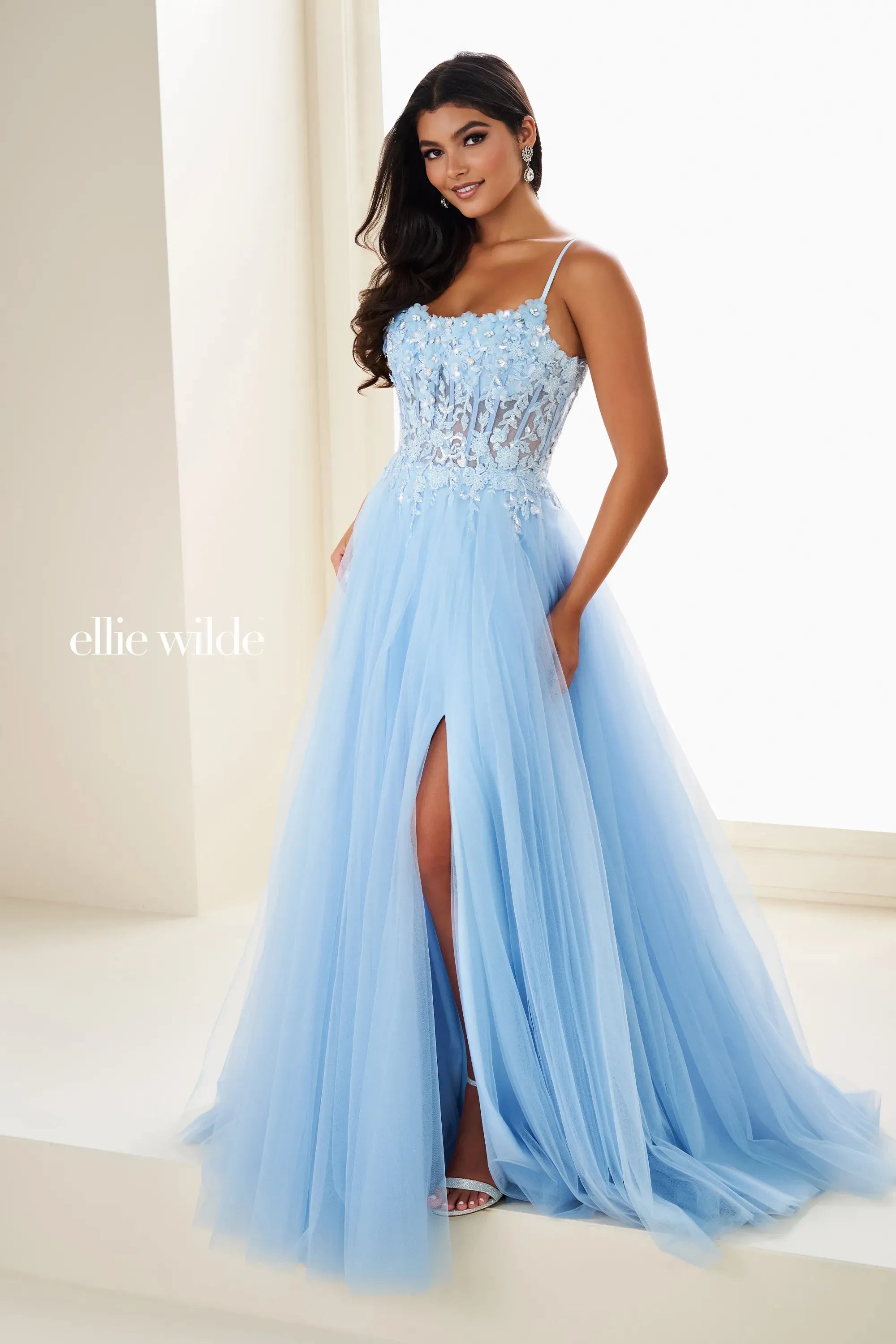 Prom Dresses Beaded Long Formal Lace Applique Corset Prom Dress Light Blue