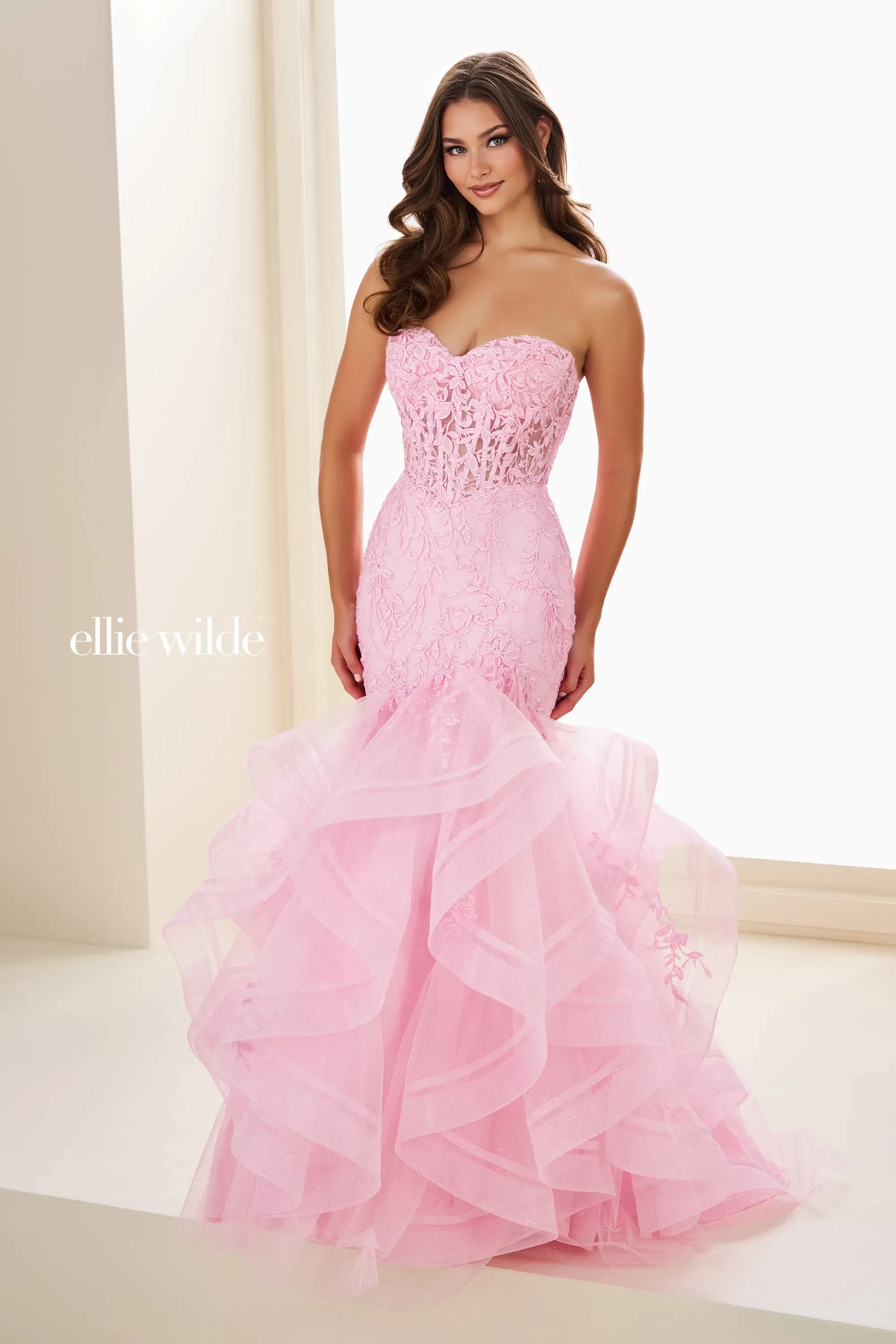 Prom Dresses Glitter Lace Ruffle Long Formal Prom Dress Light Pink