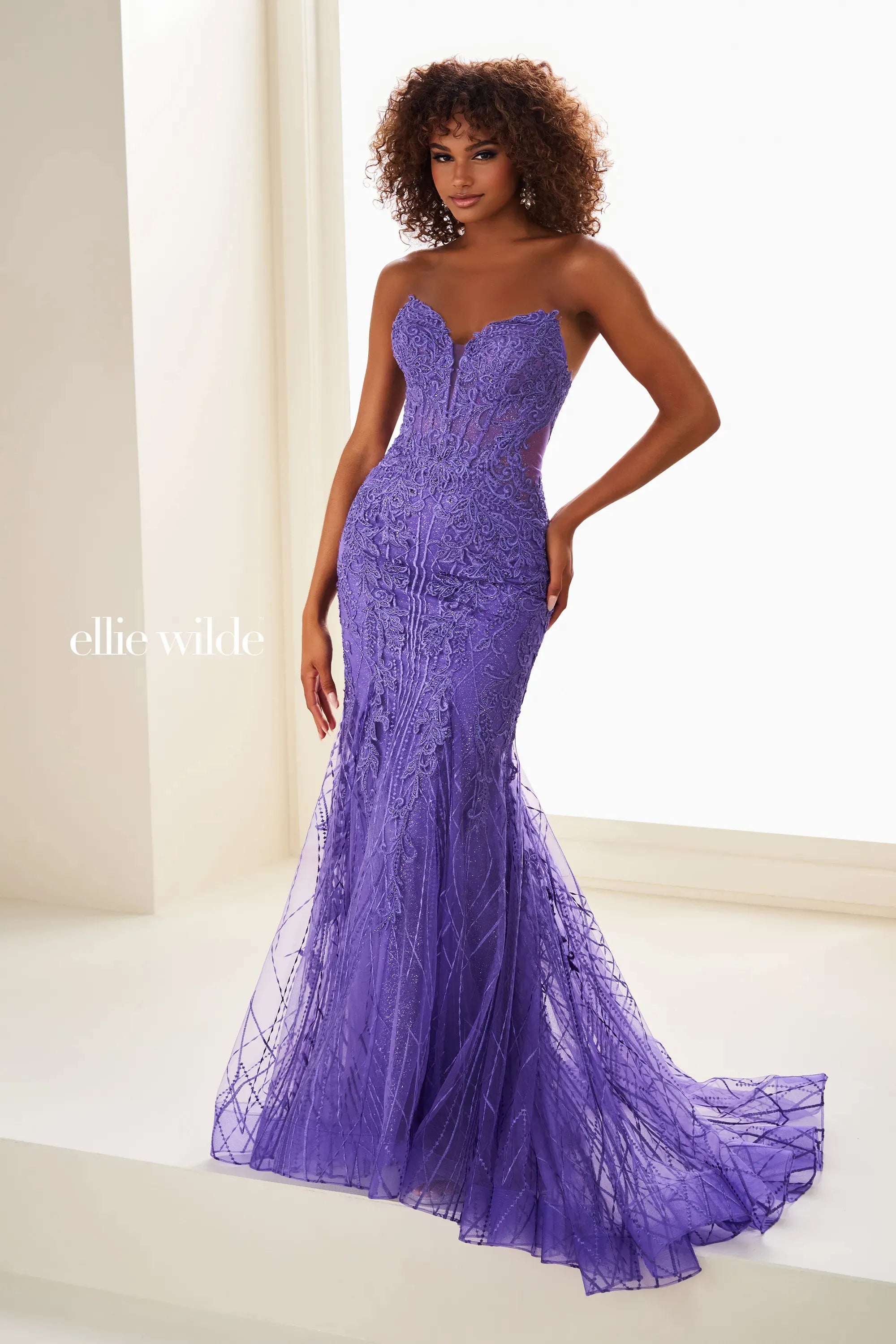 Prom Dresses Corset Long Formal Glitter Lace Fitted Prom Dress Violet