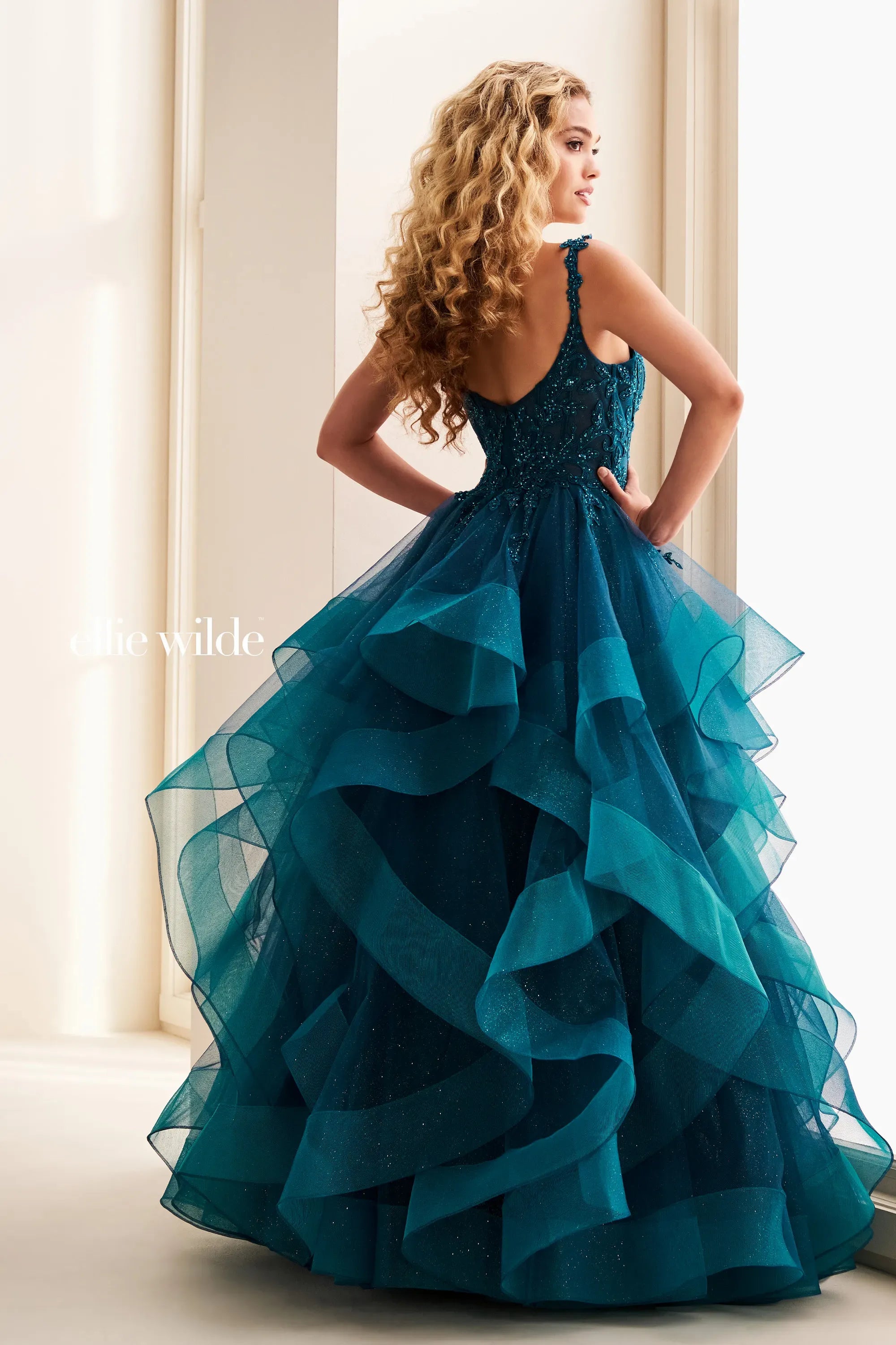 Prom Dresses Sequin Glitter Long Formal Ruffle Ball Gown Prom Dress Teal