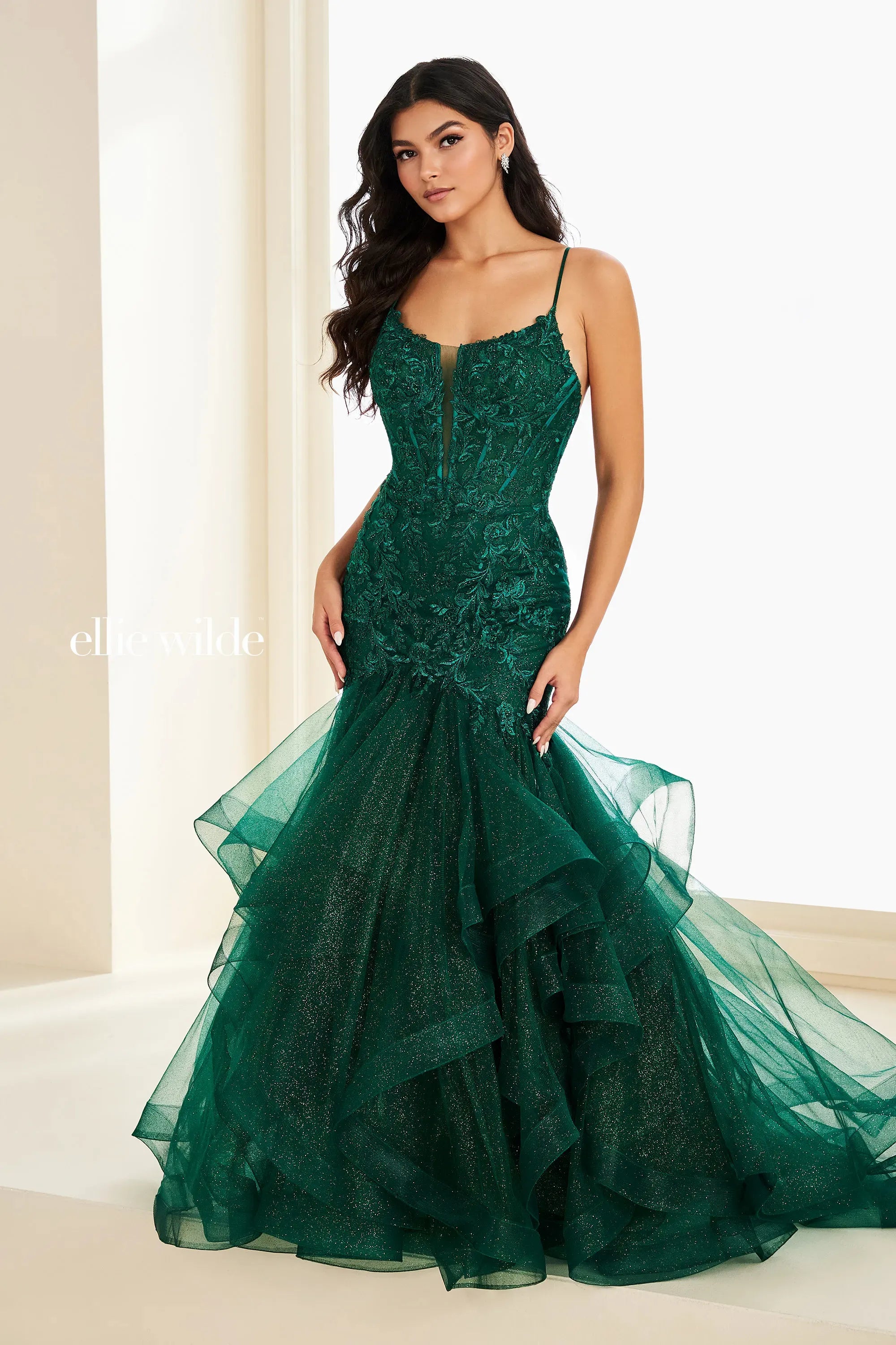 Prom Dresses Ruffle Glitter Long Formal Prom Emerald