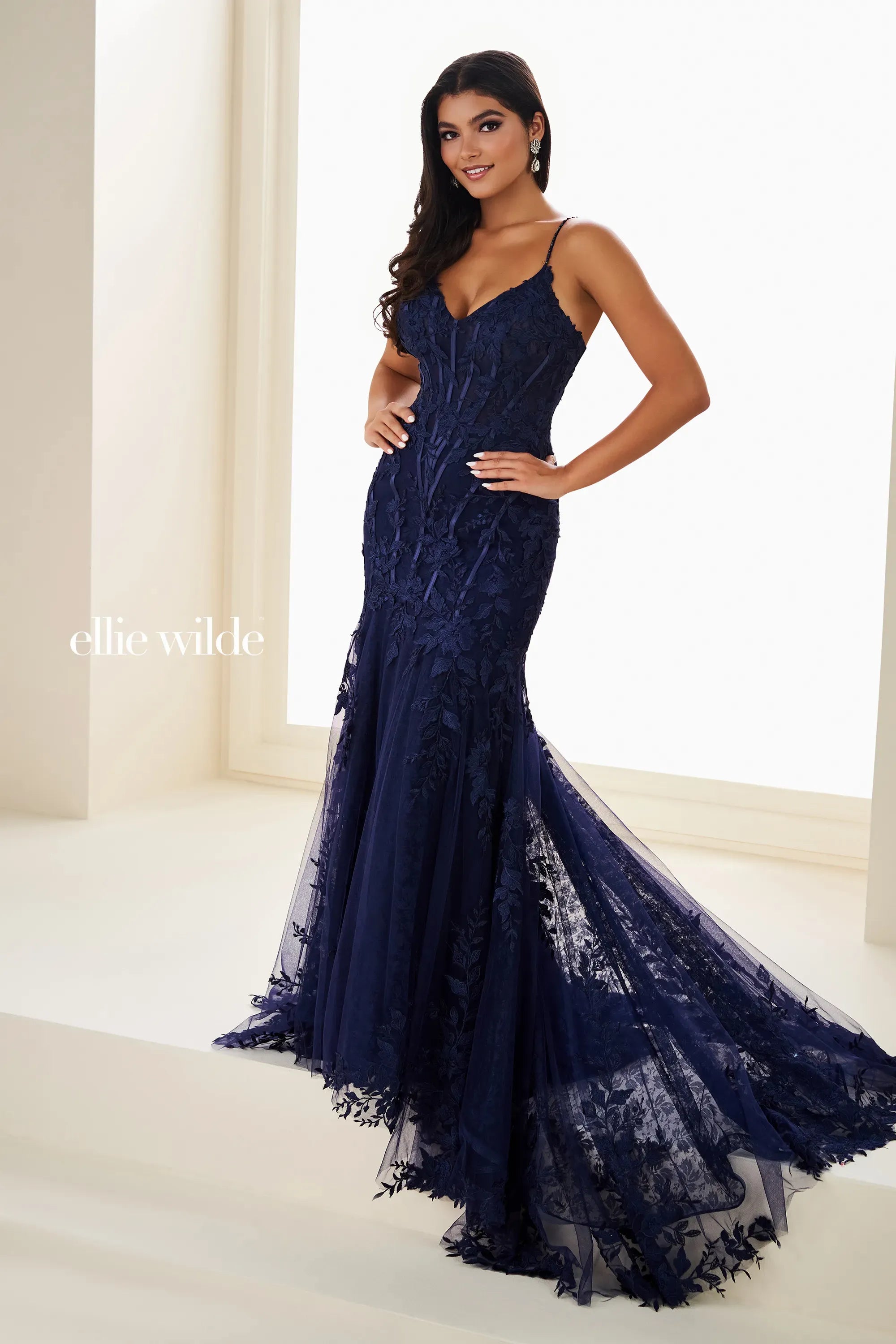 Prom Dresses Beaded Long Formal Lace Mermaid Prom Dress Navy Blue