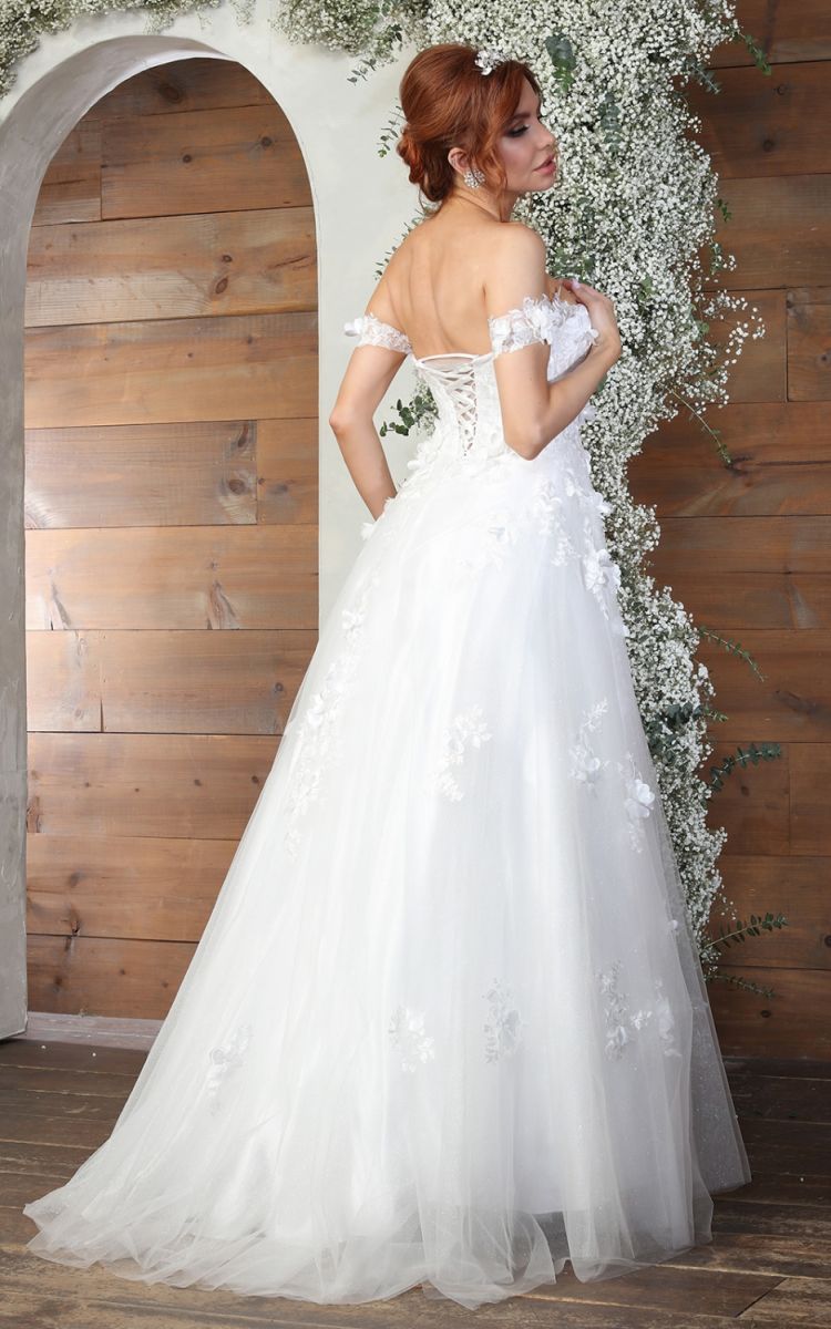 Off-the-Shoulder Floor-Length Tulle Bridal Dress A-Line May Queen RQ8034