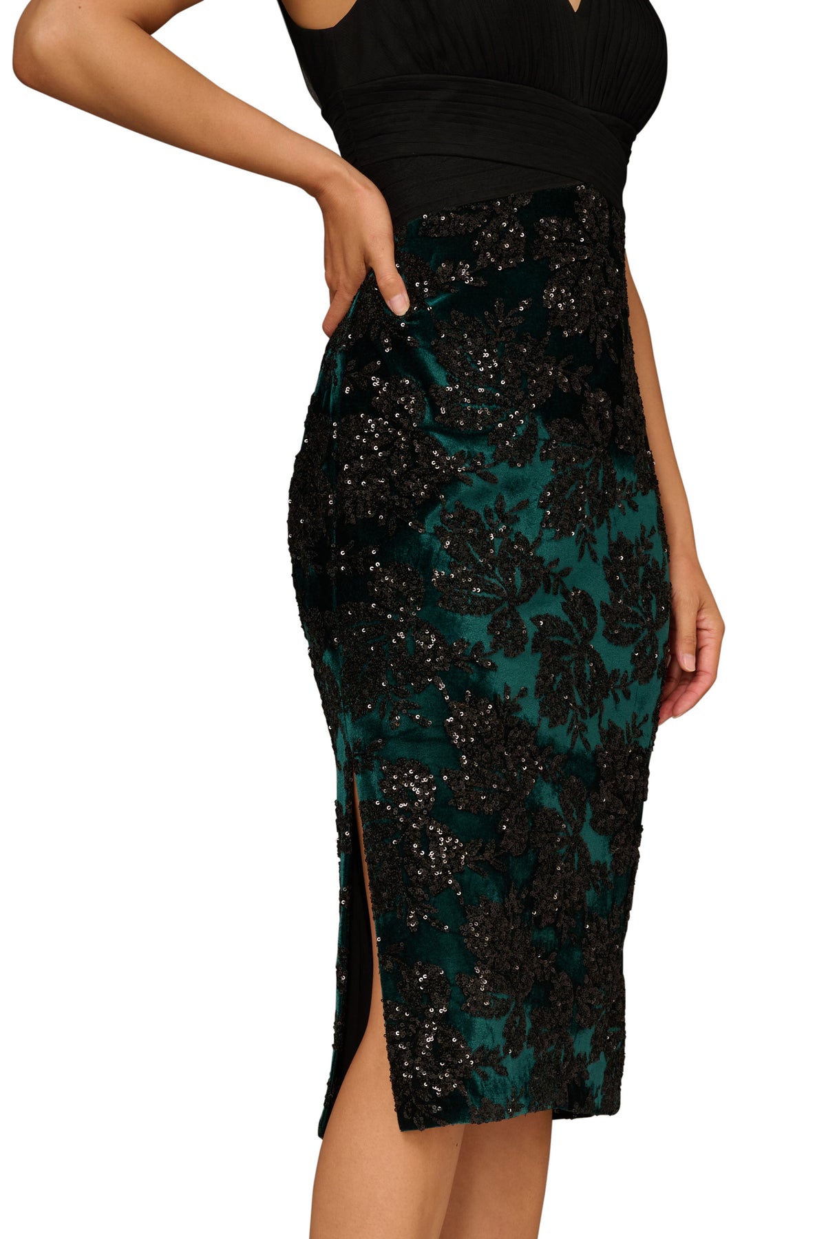 Black Green Aidan Mattox MD1E209715 V-Neck Midi Sequin Cocktail Dress Chiffon Bodice