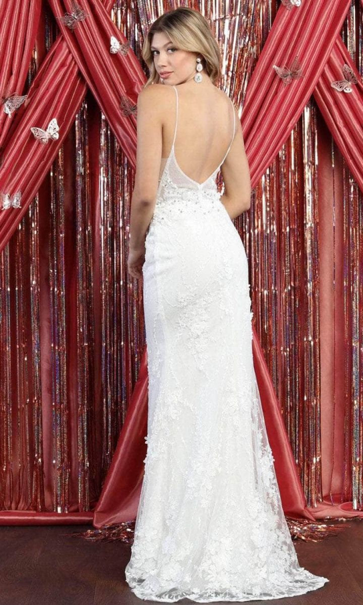 Ivory V-Neck Long Lace Sheath Wedding Dress May Queen RQ7932