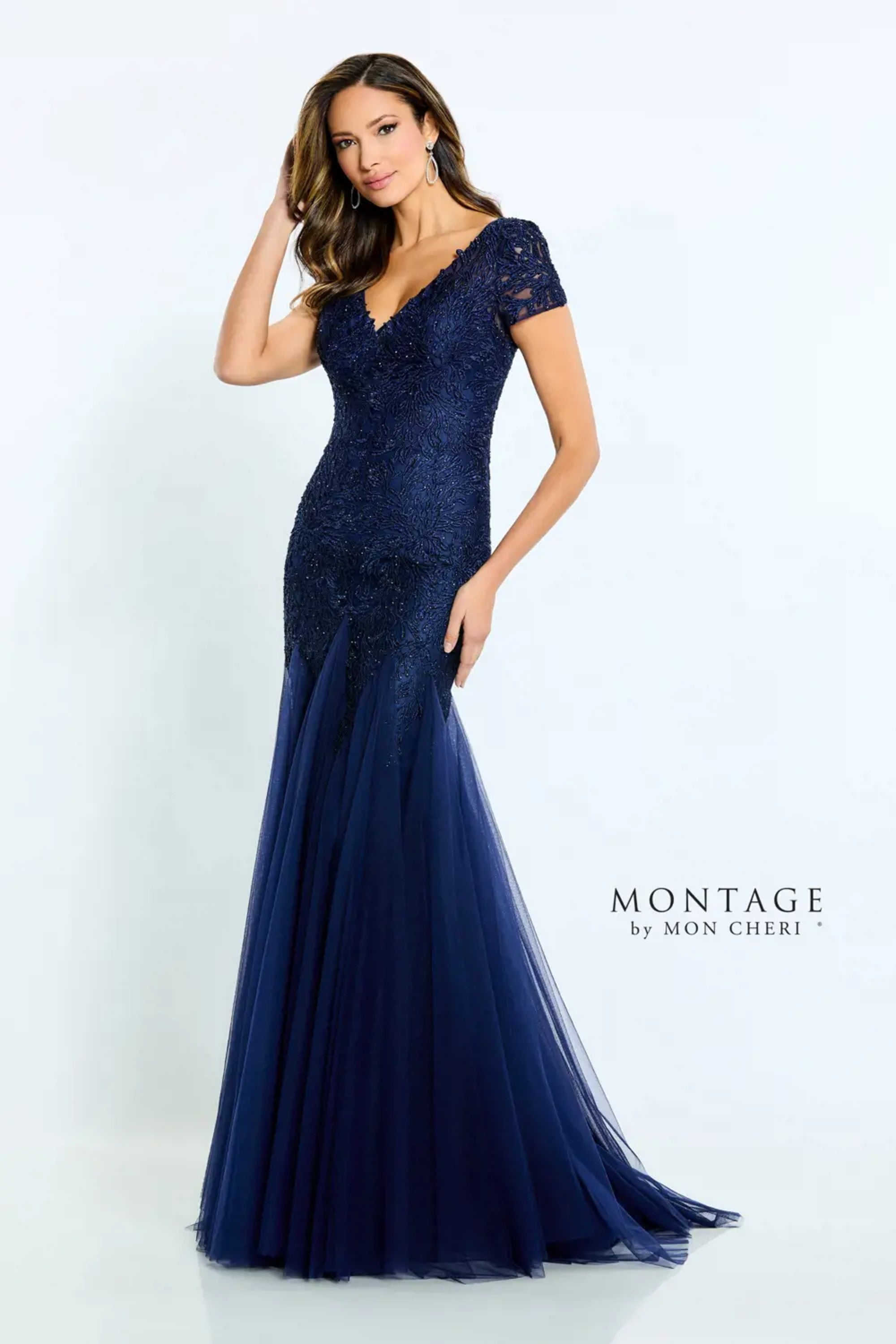 Navy Blue Montage M501 Long Evening Gown Beaded Formal Dress