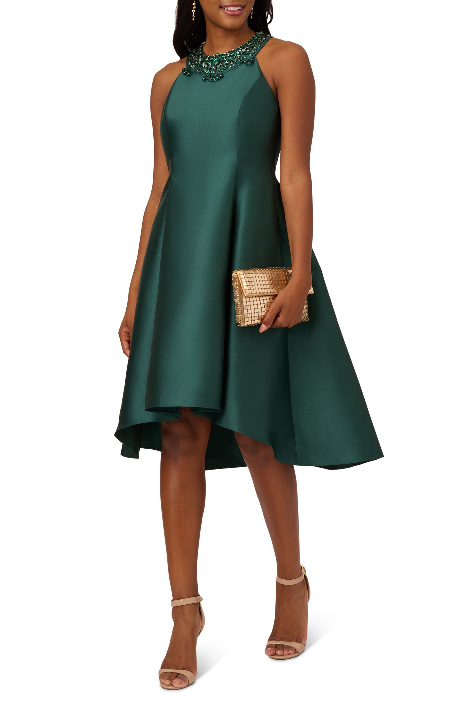 Dark Forest Adrianna Papell AP1E201904 Jeweled High-Neck Satin Cocktai Dress High-Low
