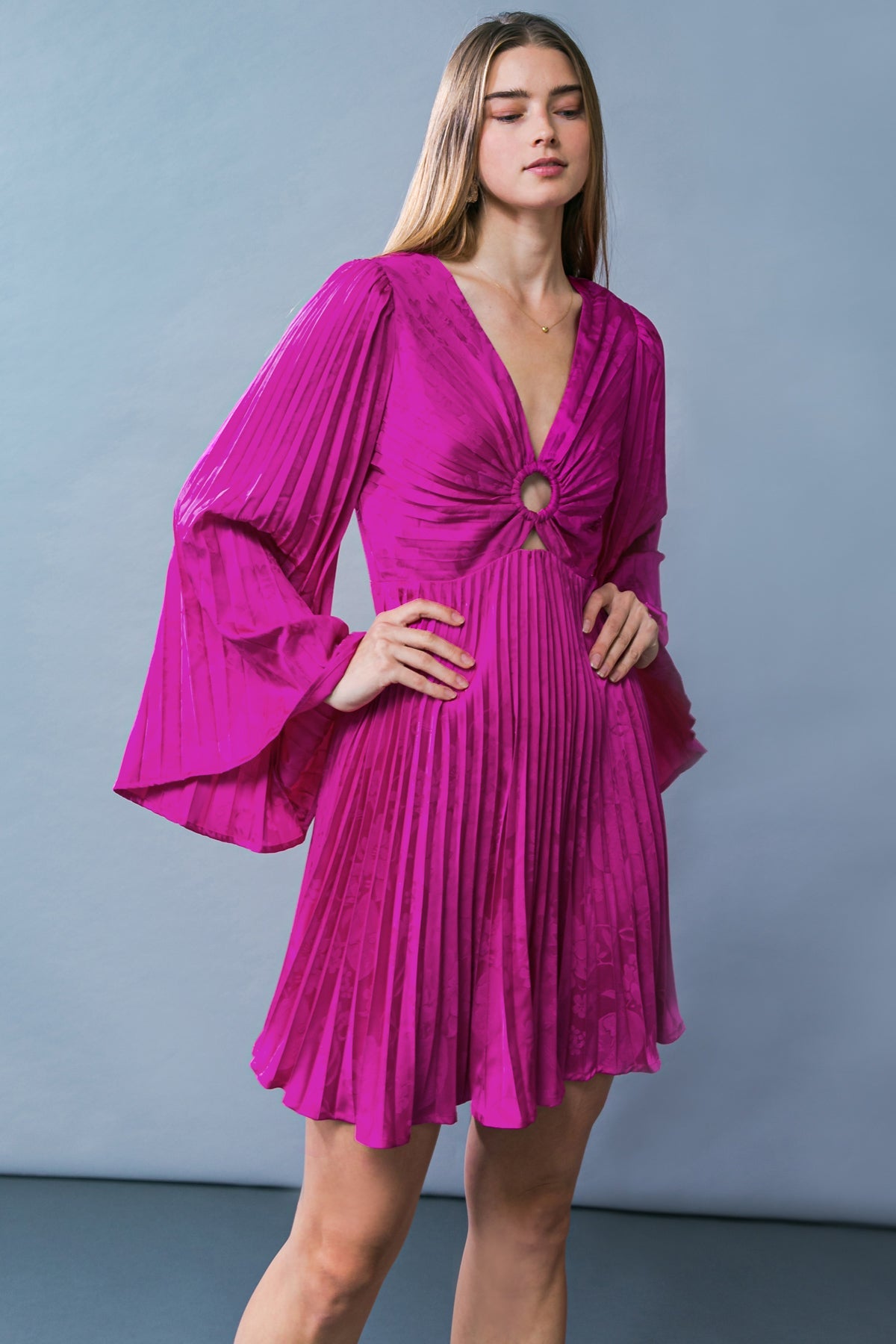 Cocktail Dresses Long Sleeve Short Pleated Formal Cocktail Dress Flying Tomato ID20585 Magenta