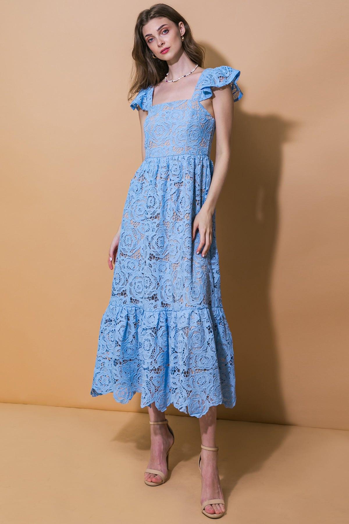 Baby Blue Square Neck Midi-Length Lace Cocktail Dress Floral Flying Tomato ID20631