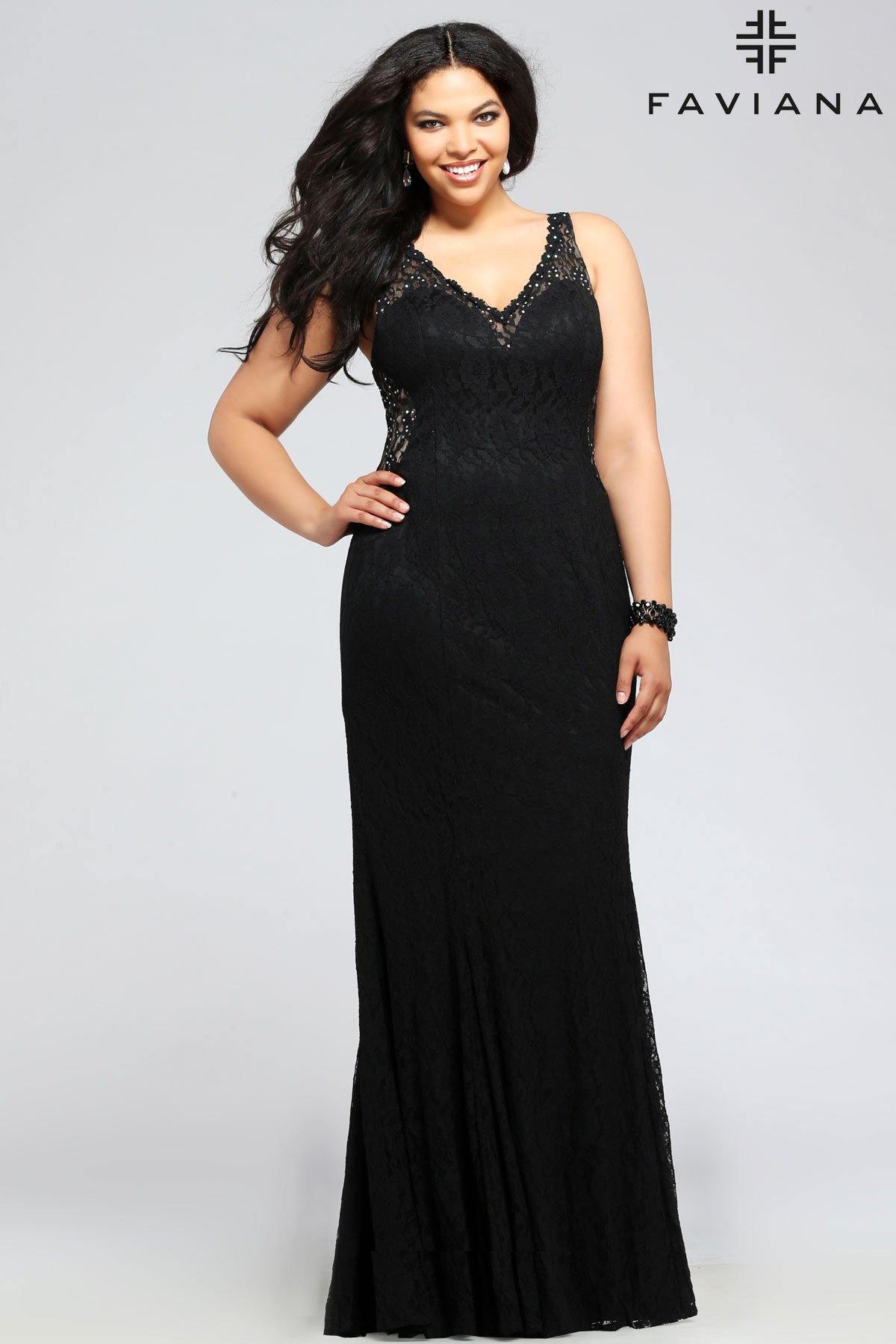 Faviana 9386 V-Neck Lace Plus Size Evening Dress - The Dress Outlet Faviana