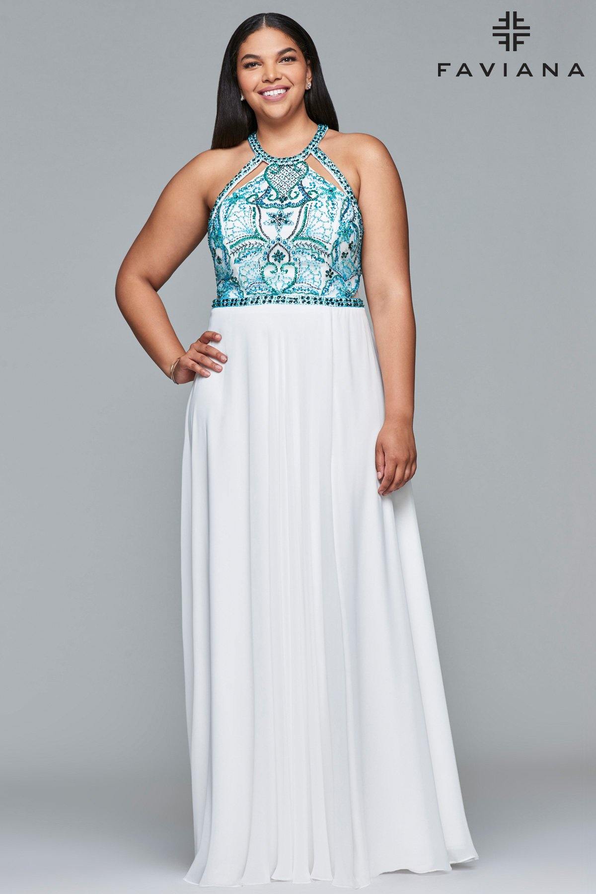 Faviana 9434 Embroidered High Neck A-line Long Formal Dress - The Dress Outlet Faviana
