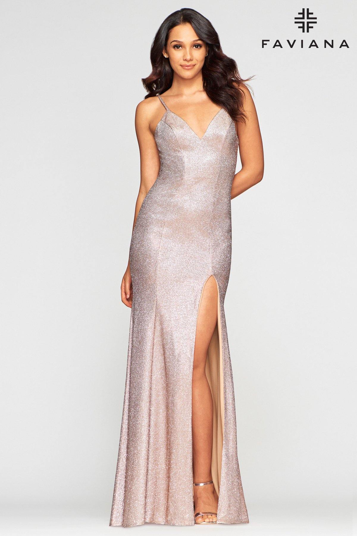 Faviana S10427 Long Fitted Metallic Prom Dress - The Dress Outlet Faviana