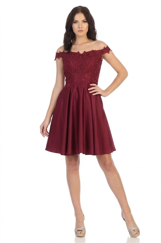 Burgundy Off-Shoulder Short Satin Cocktail Dress Lace May Queen MQ1766