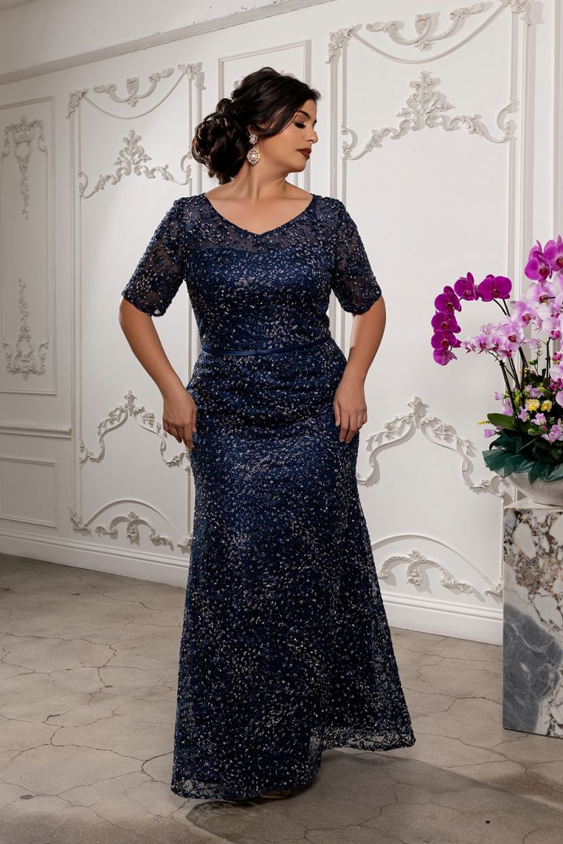 V-Neck Floor-Length Lace Mother of the Bride A-Line May Queen RQ8246