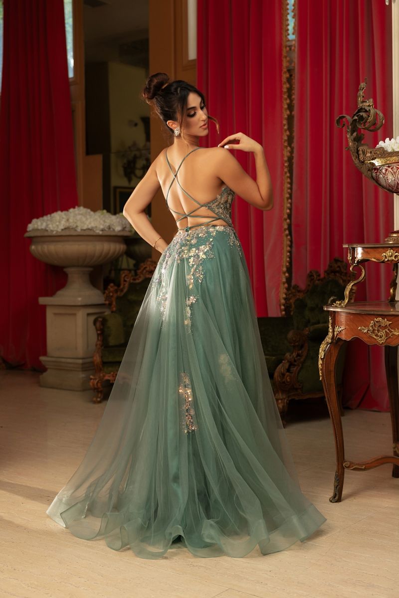 Sage V-Neck Floor-Length Tulle Prom Dress High Slit May Queen RQ8136