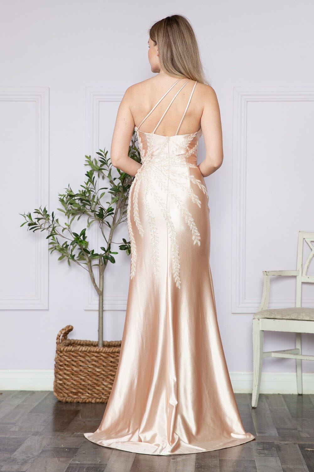 Champagne One Shoulder Floor Length Satin Prom Dress with Side Slit Formal Gown Poly USA 9358