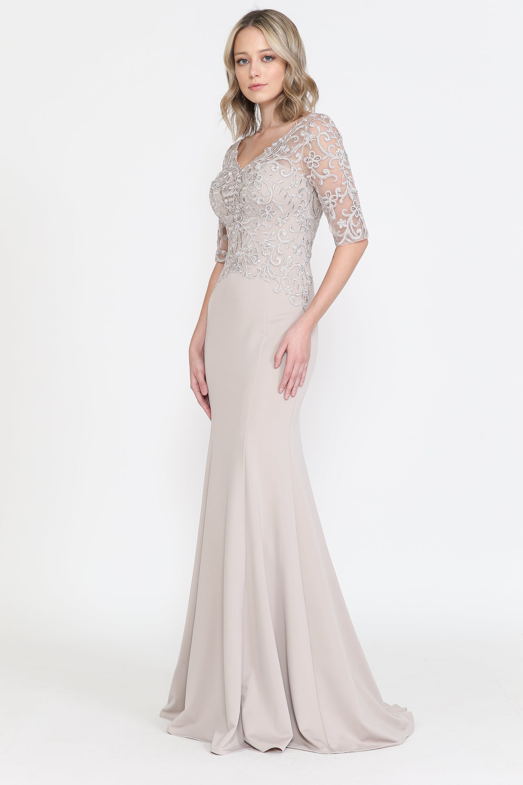 Mocha V-Neck Floor-Length Heavy Jersey Formal Gown with Embroidered Bodice Poly USA 8560