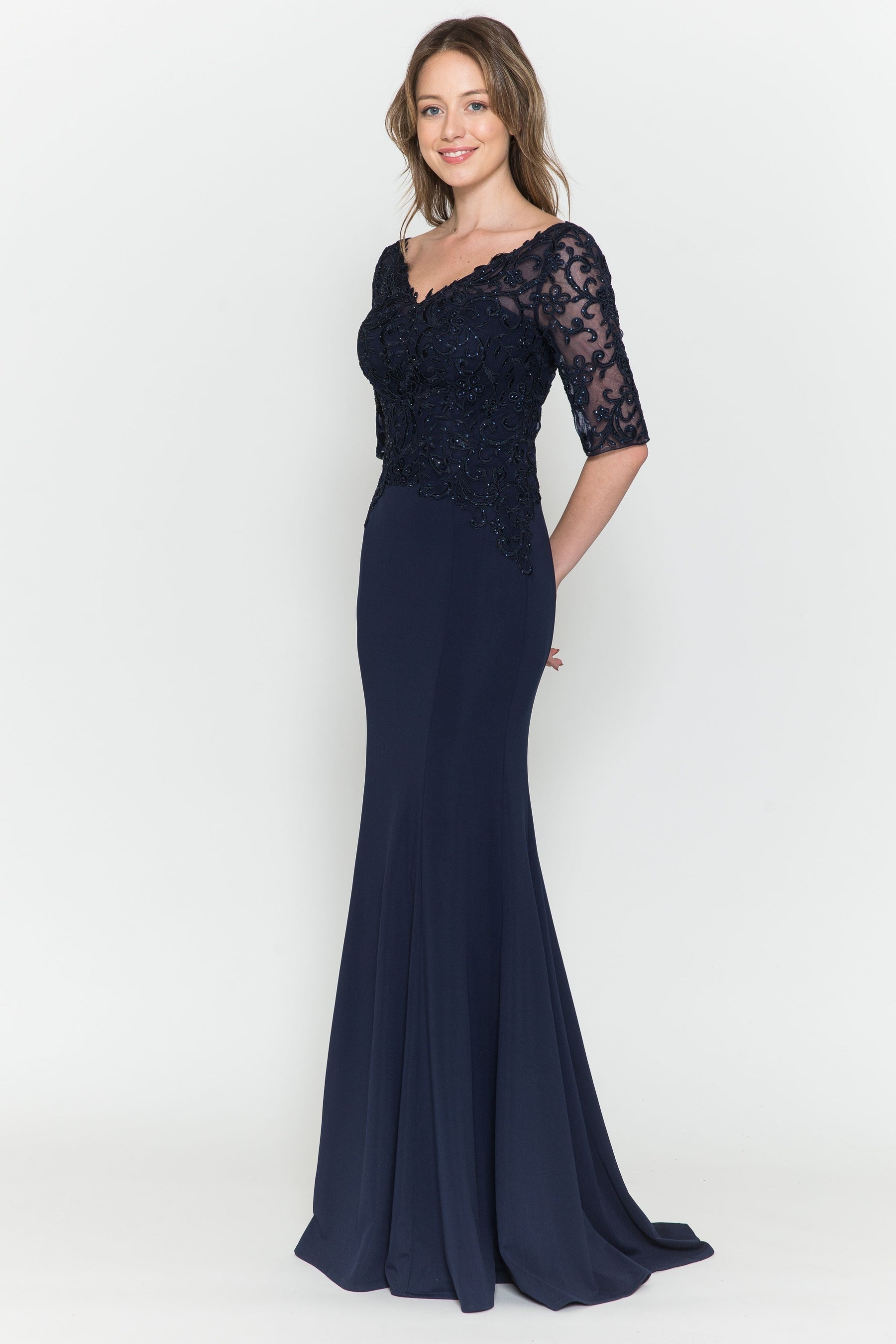 Navy V-Neck Floor-Length Heavy Jersey Formal Gown with Embroidered Bodice Poly USA 8560