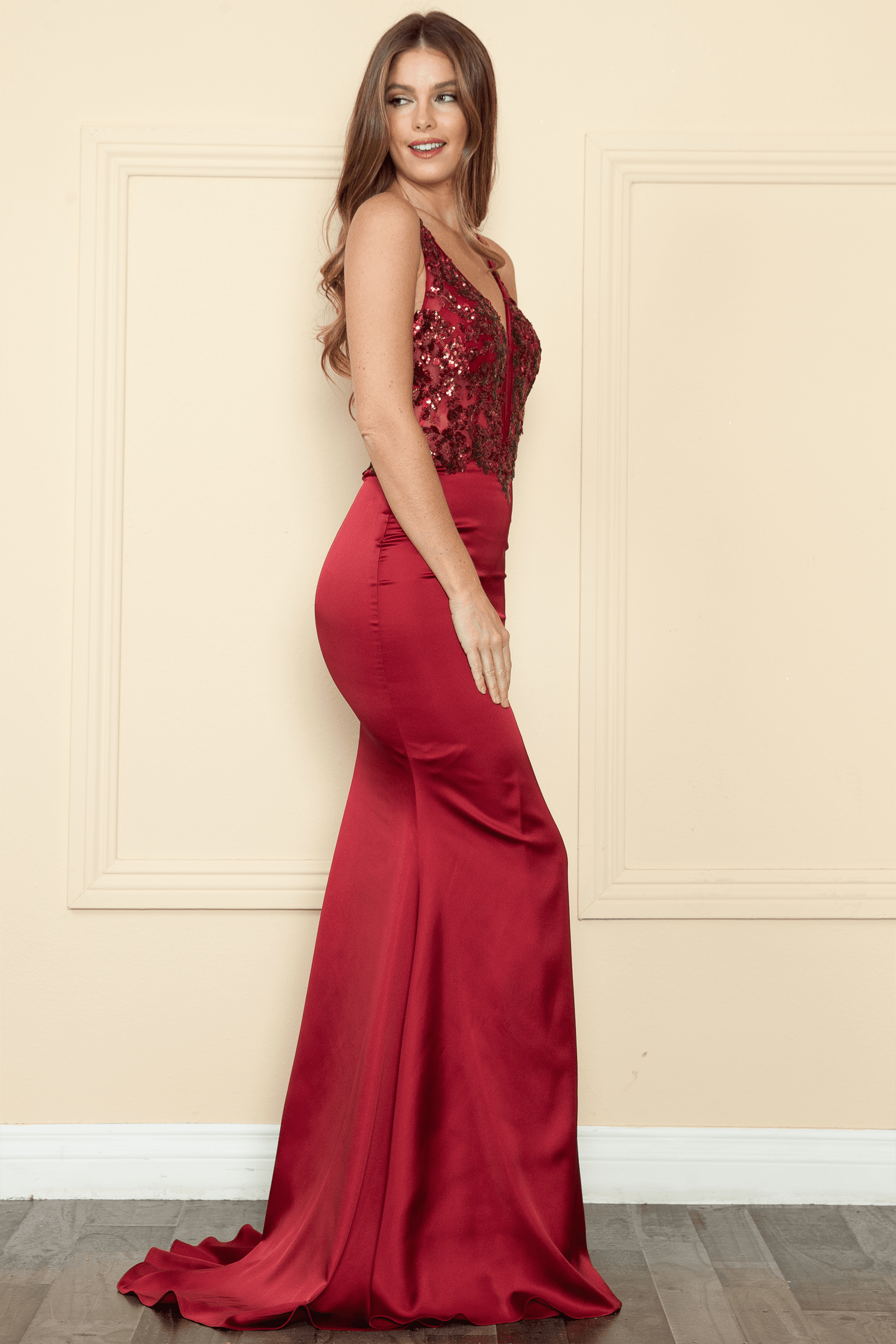 Dark Red V-Neck Floor Length Satin Prom Gown with Fitted Embroidered Bodice Formal Gown Poly USA 9162