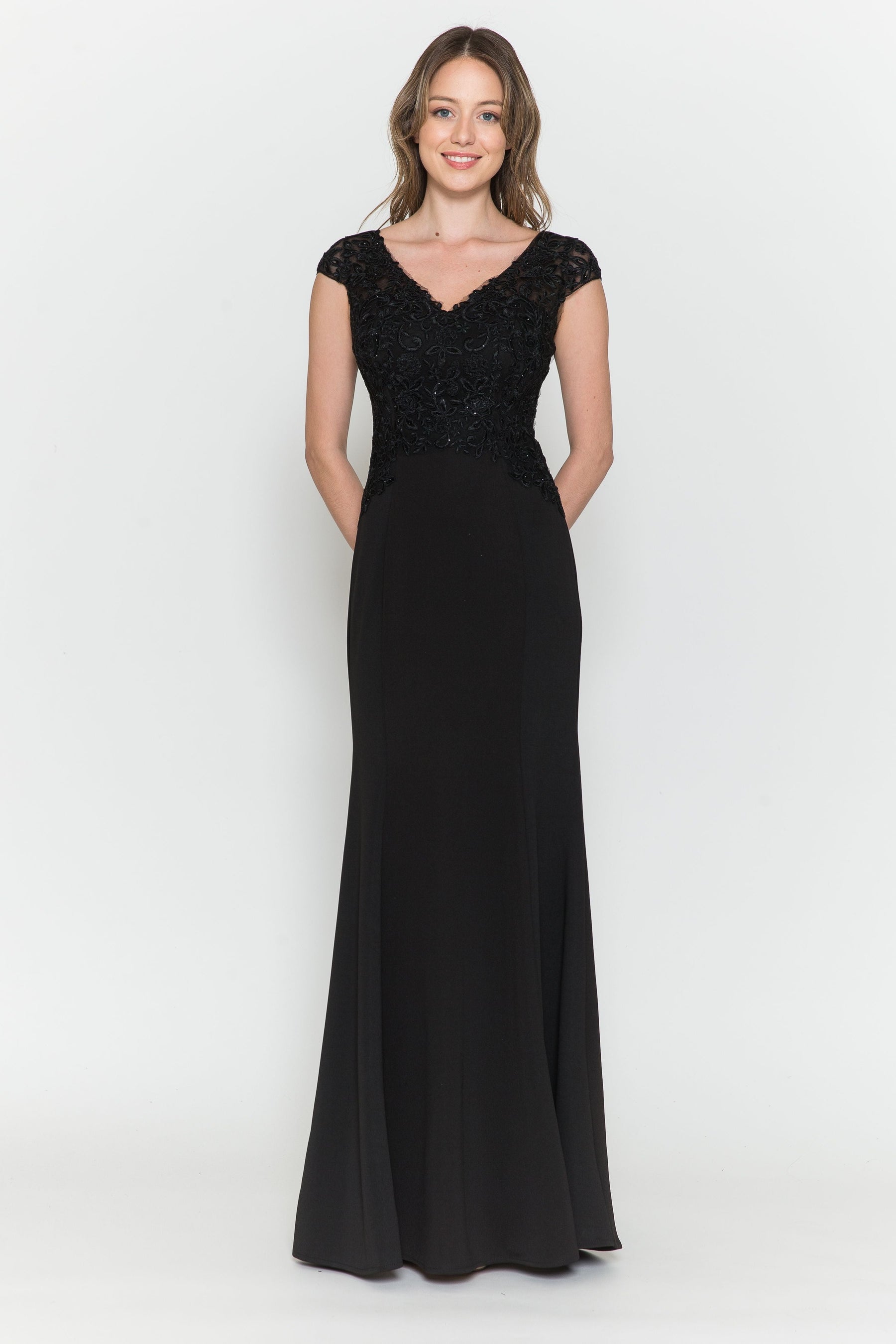 Black V-Neck Floor-Length Jersey Formal Dress with High Slit Poly USA 8558