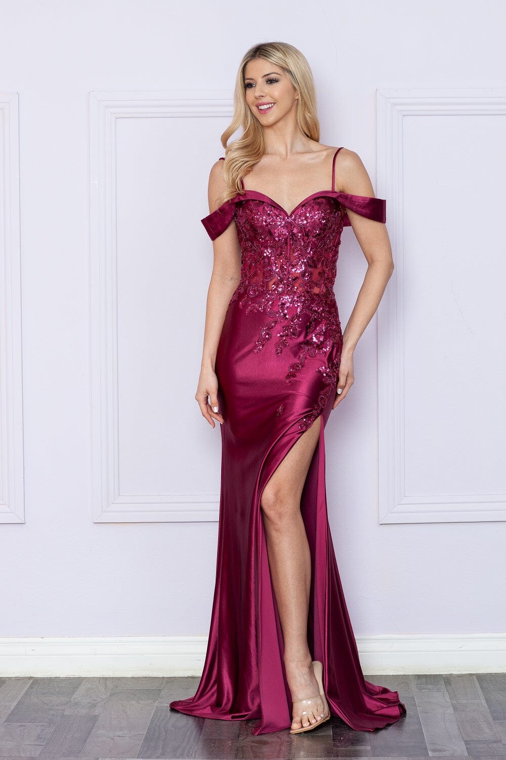 Cherry Red Sweetheart Floor Length Satin Sequin Dress with Side Slit Formal Gown Poly USA 9350
