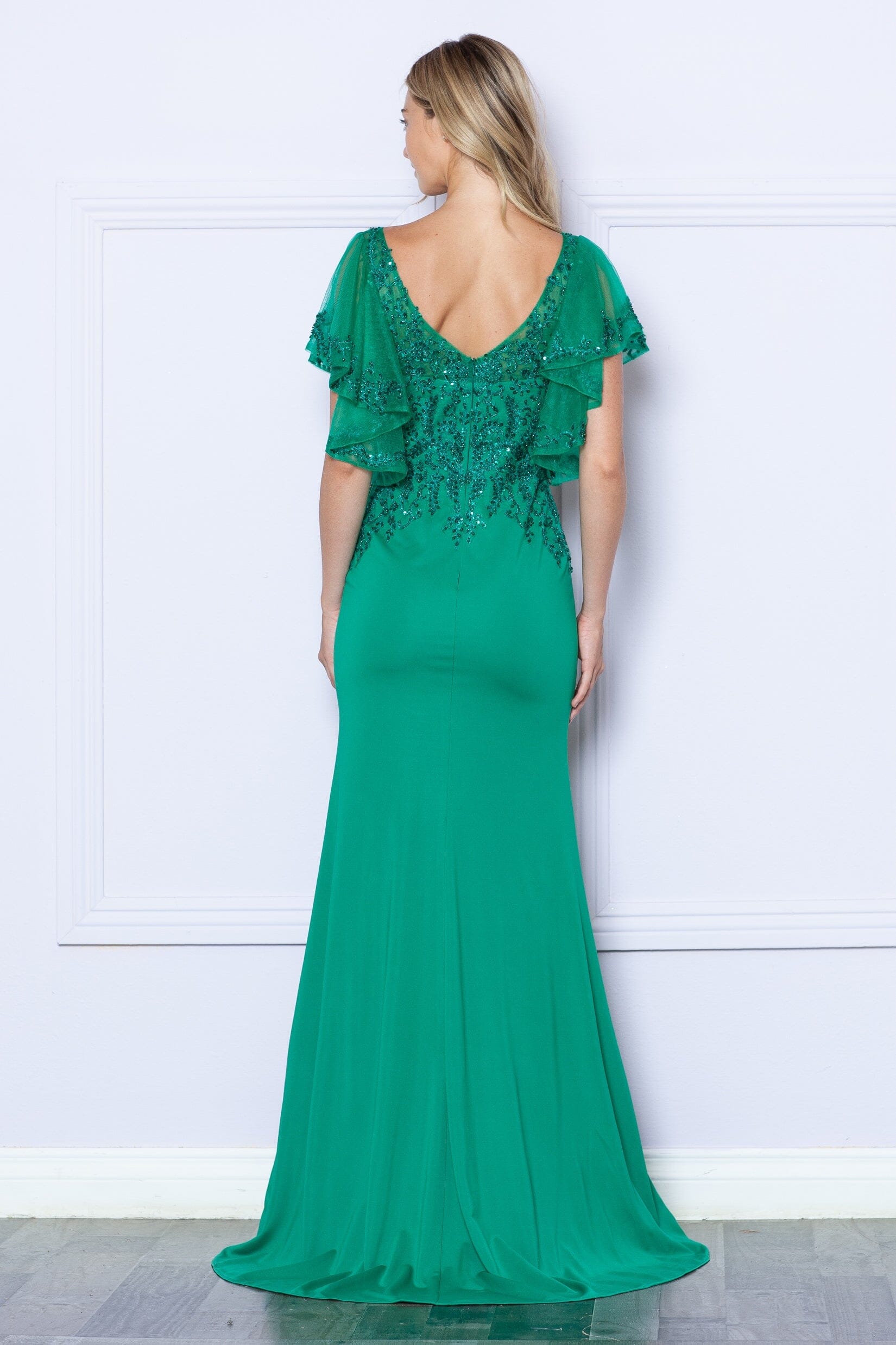 Emerald V-Neck Floor-Length Sequin Dress with Flutter Sleeves and Side Slit Formal Gown Poly USA 9318