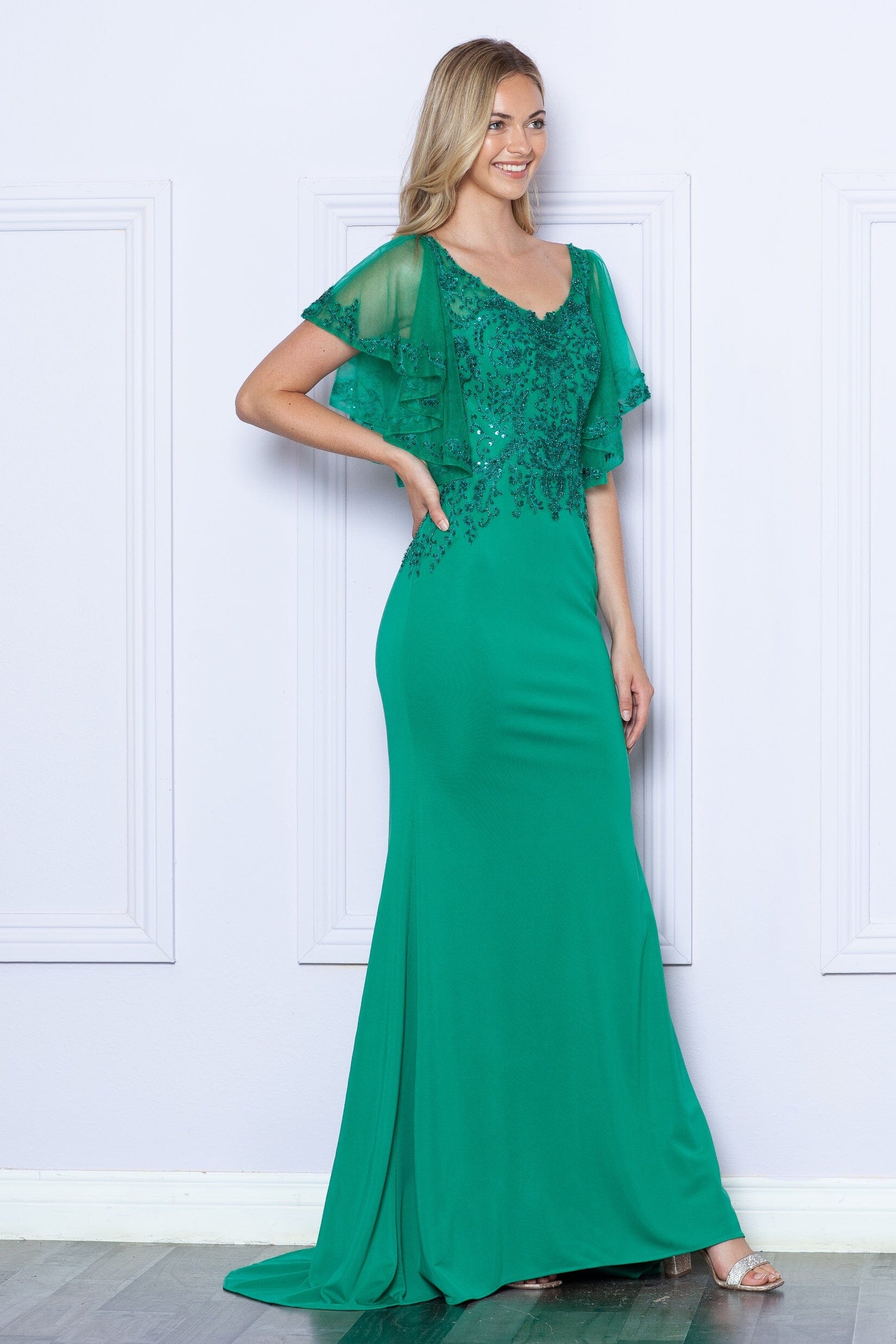Emerald V-Neck Floor-Length Sequin Dress with Flutter Sleeves and Side Slit Formal Gown Poly USA 9318