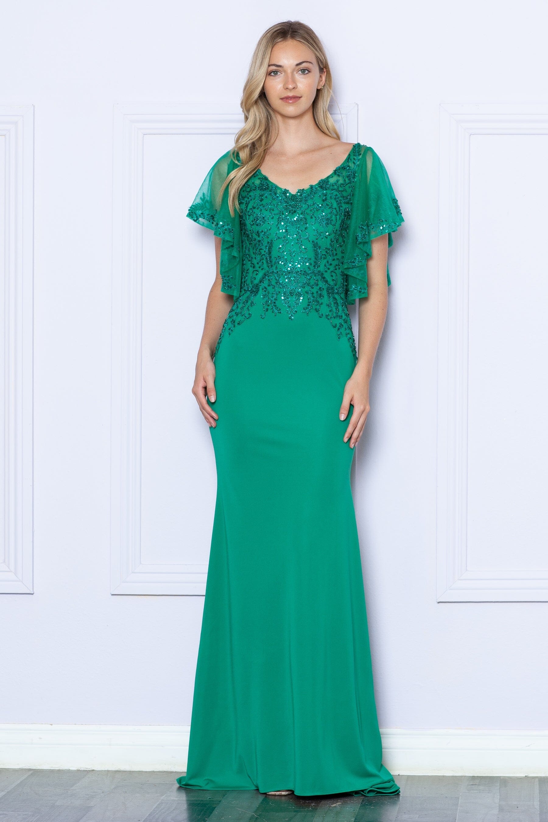 Emerald V-Neck Floor-Length Sequin Dress with Flutter Sleeves and Side Slit Formal Gown Poly USA 9318