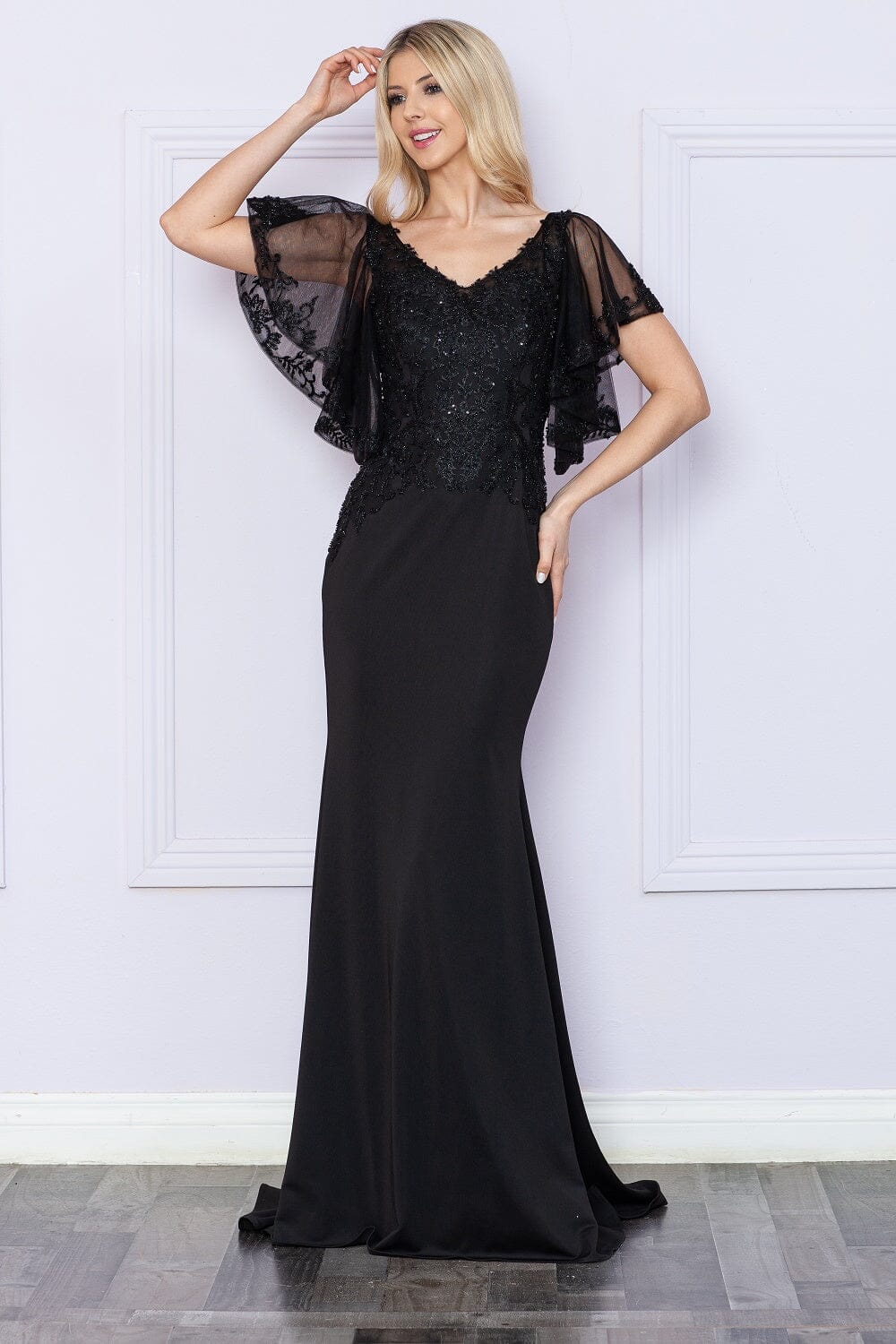 Black V-Neck Floor-Length Sequin Dress with Flutter Sleeves and Side Slit Formal Gown Poly USA 9318