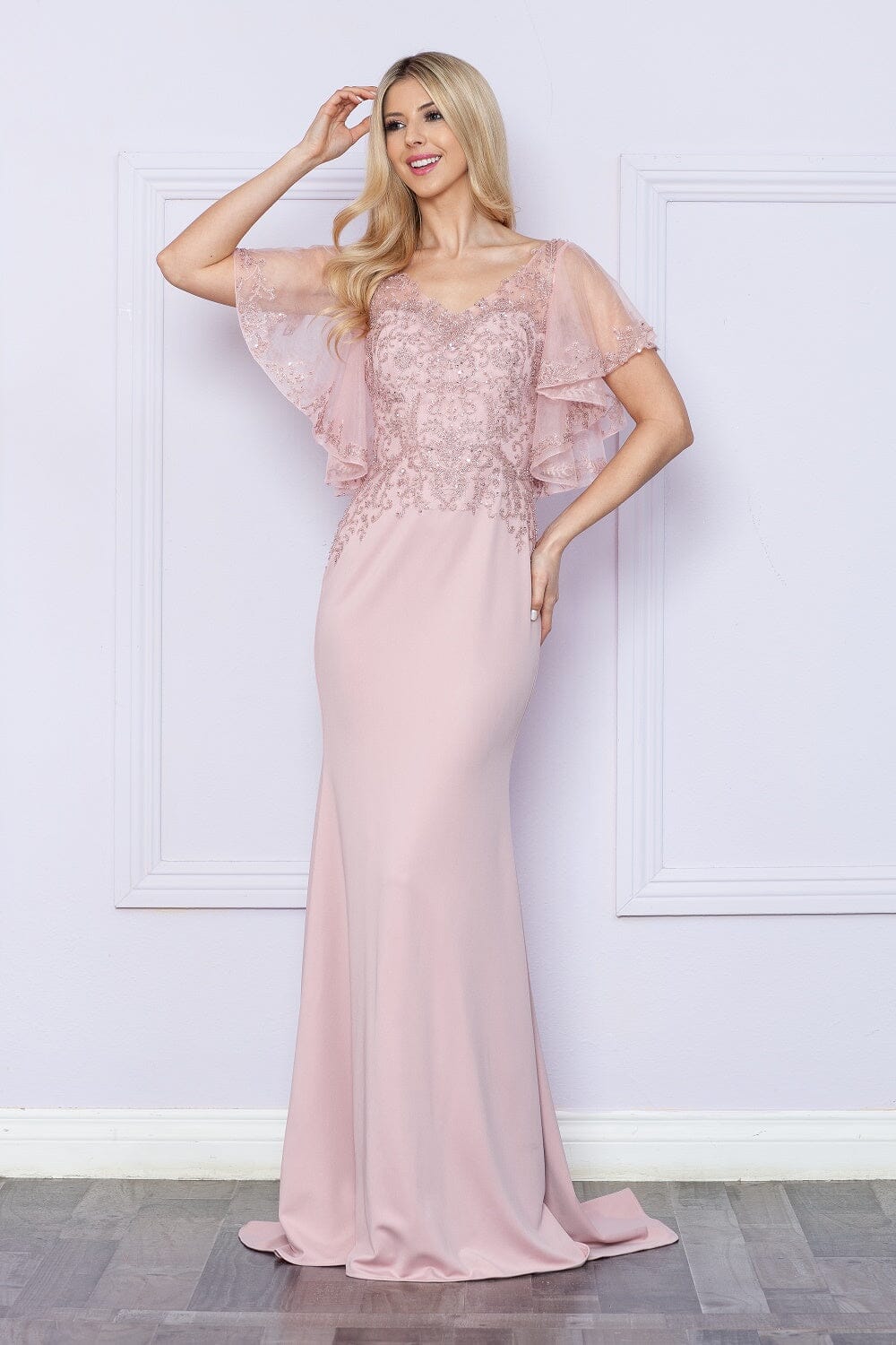 Mauve V-Neck Floor-Length Sequin Dress with Flutter Sleeves and Side Slit Formal Gown Poly USA 9318