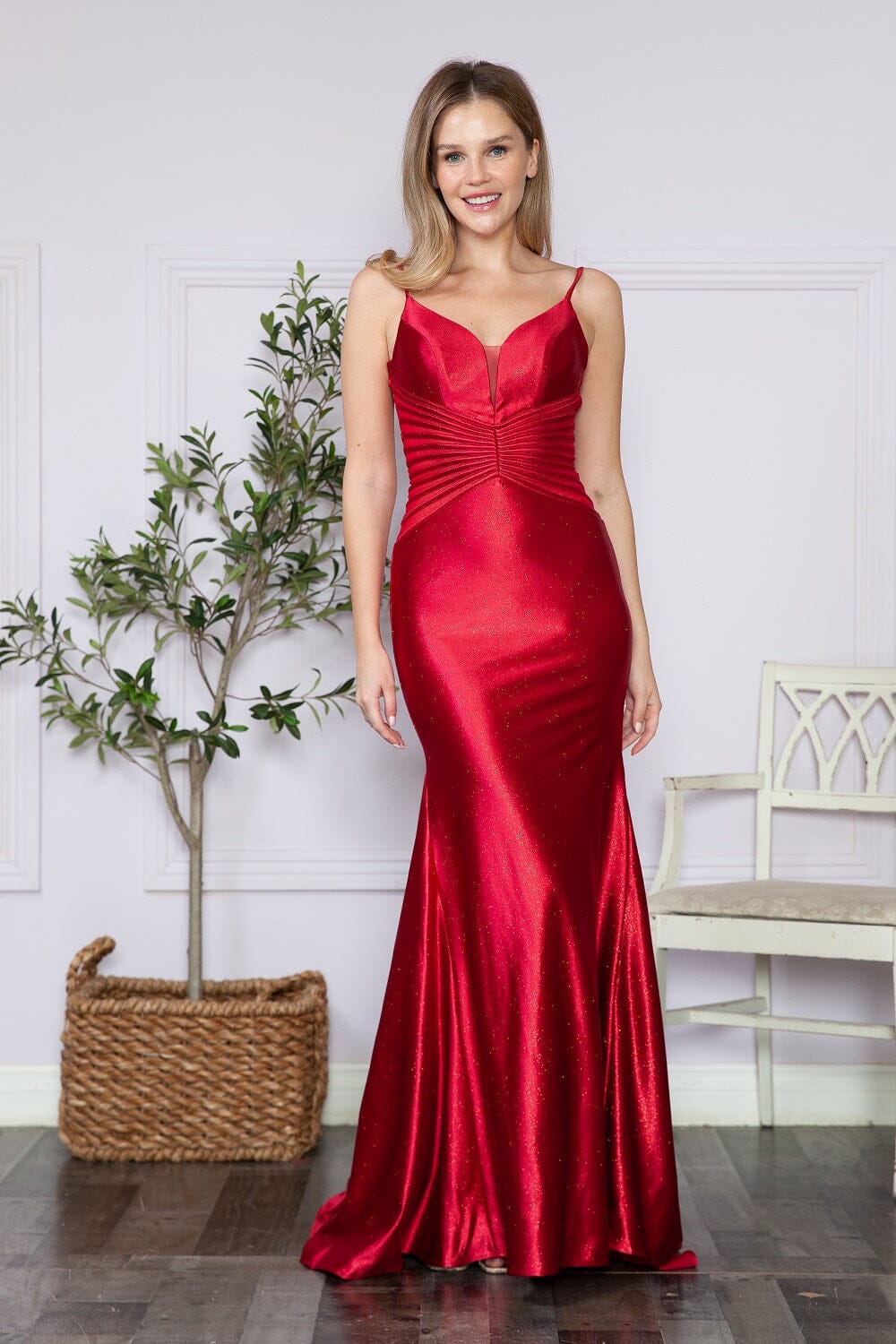Red V Neck Floor Length Satin Prom Dress with Side Slit Formal Gown Poly USA 9260