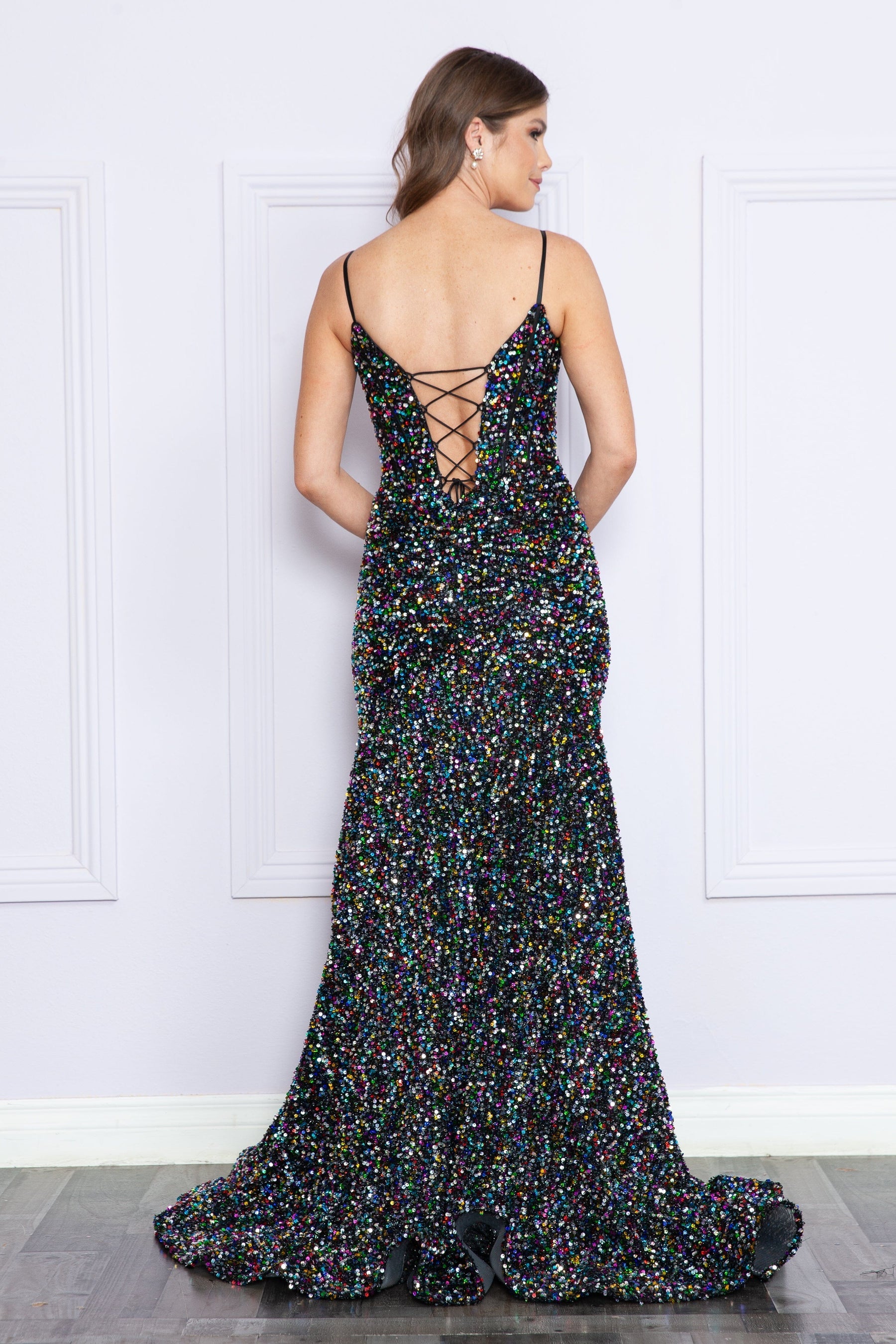 Black/Multi Sweetheart Floor Length Velvet Prom Gown with Side Slit Sequin Formal Gown Poly USA 9172