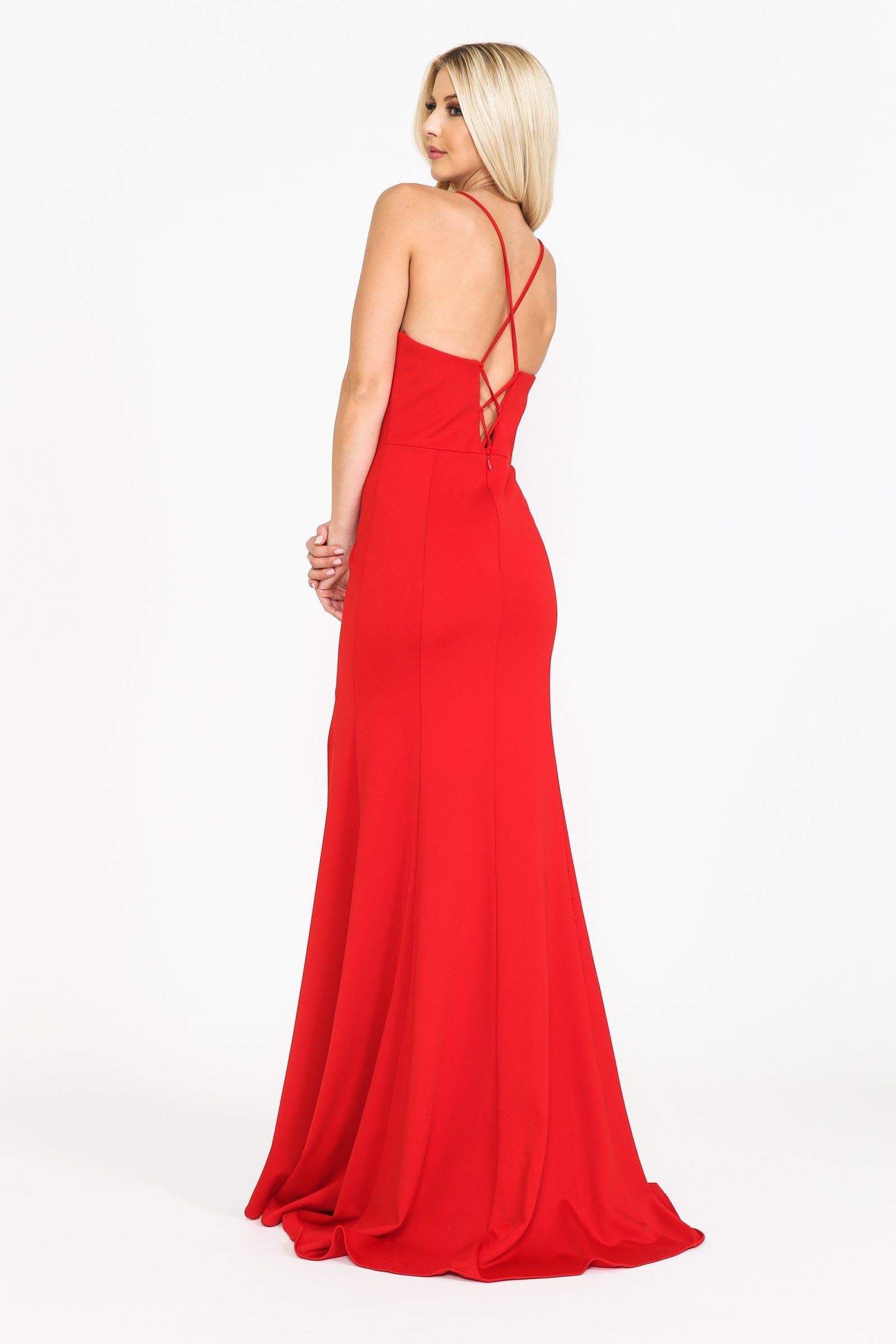 Red V-Neck Floor-Length Jersey Prom Dress with High Slit Poly USA 8360