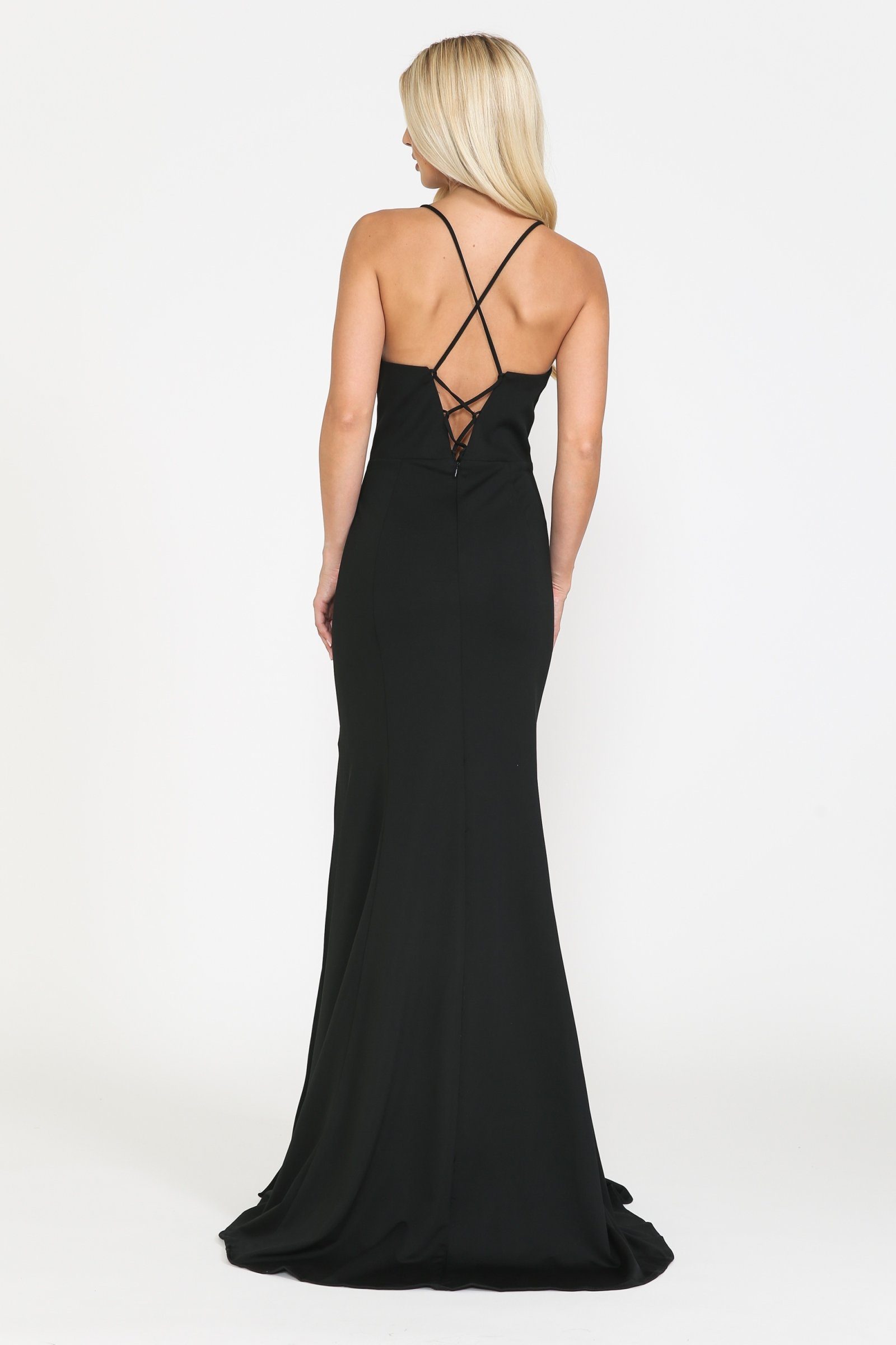 Black V-Neck Floor-Length Jersey Prom Dress with High Slit Poly USA 8360
