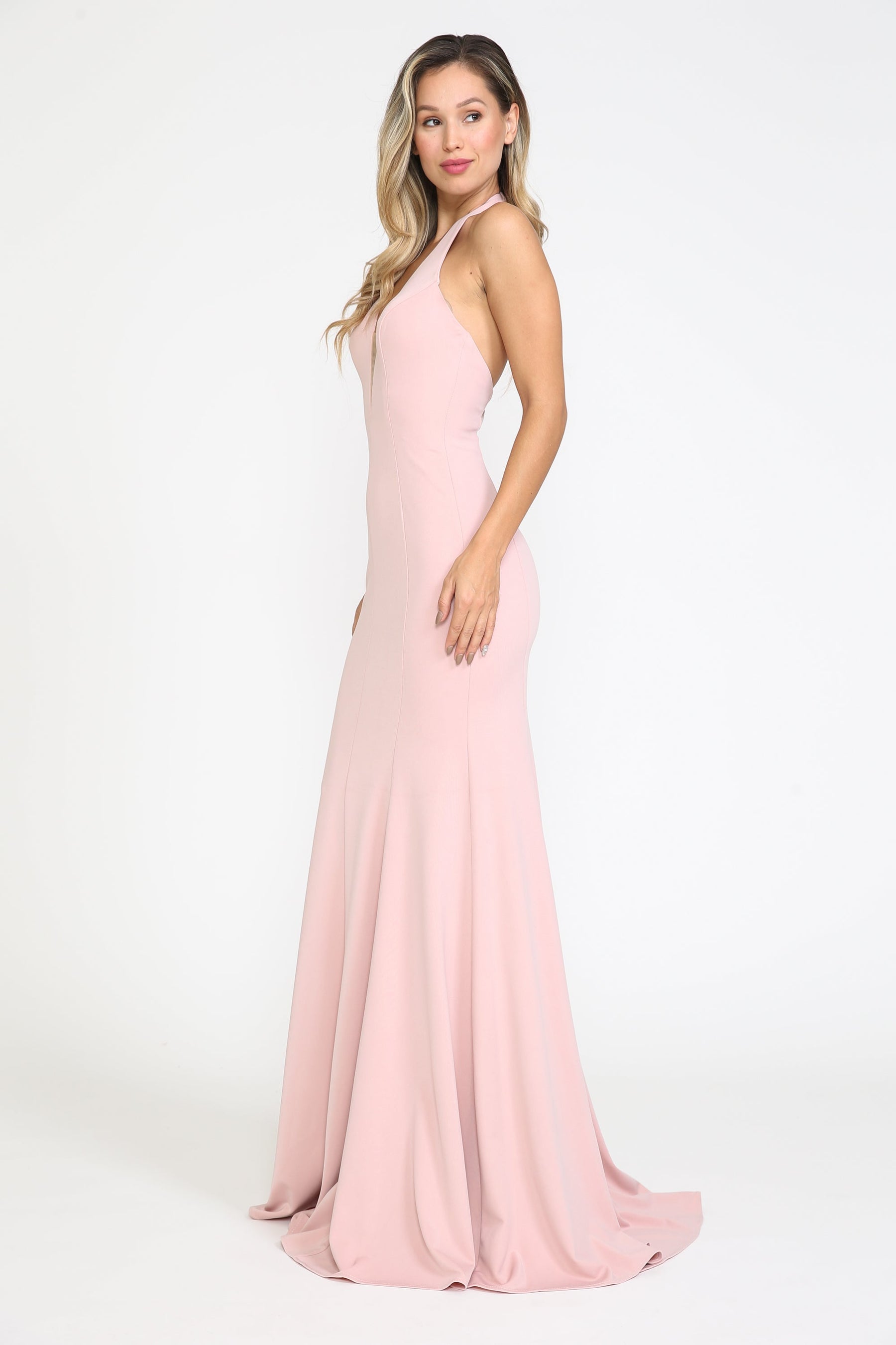 Rose Gold V Neck Floor Length Jersey Gown with Sweep Train Prom Dress Poly USA 8262