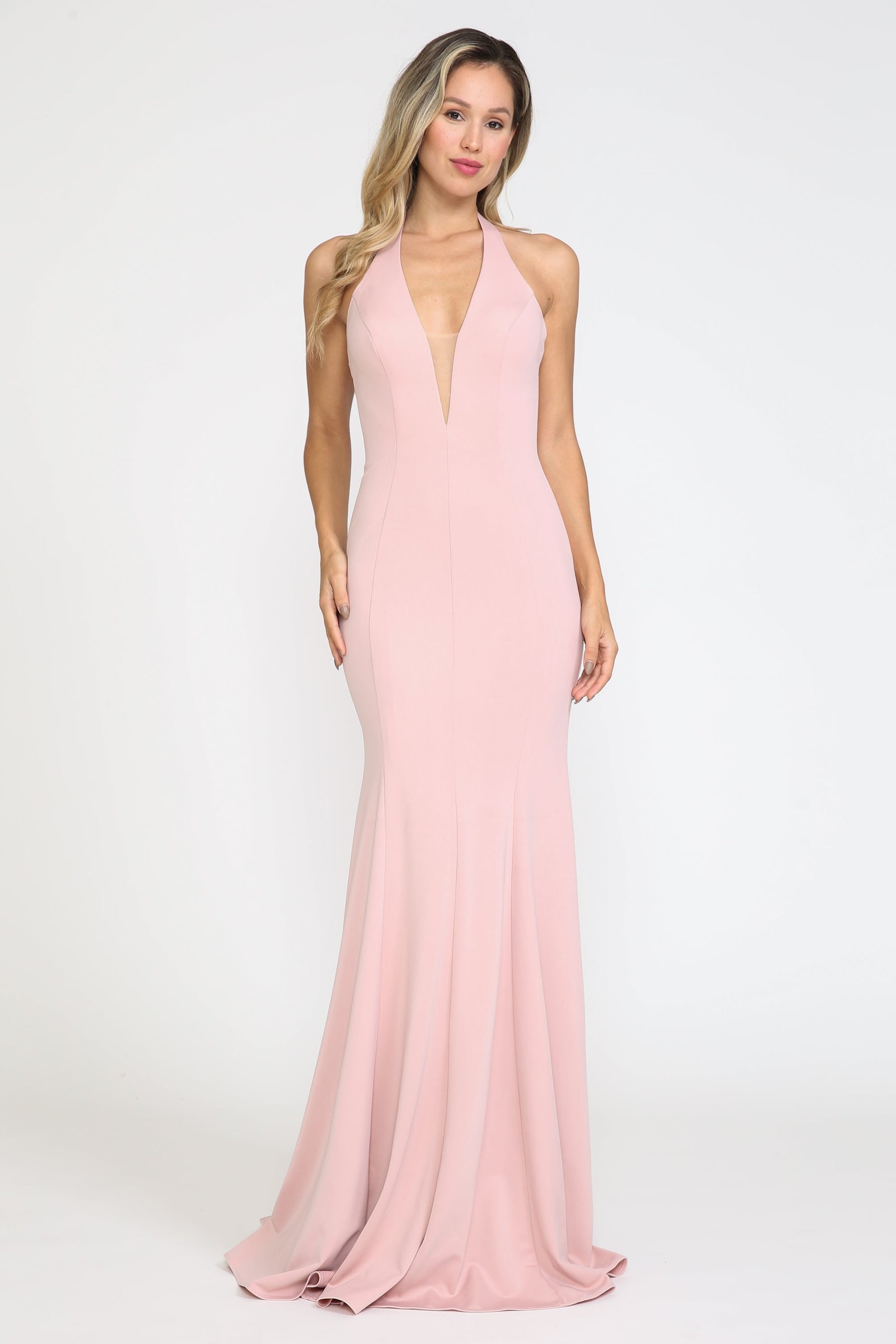 Rose Gold V Neck Floor Length Jersey Gown with Sweep Train Prom Dress Poly USA 8262