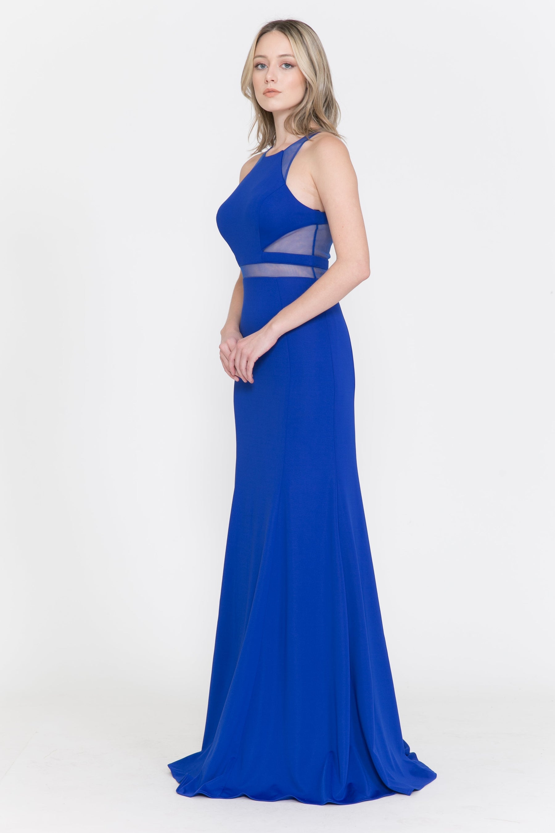 Royal Halter Neck Floor Length Satin Formal Dress with Mesh Insets Poly USA 8054