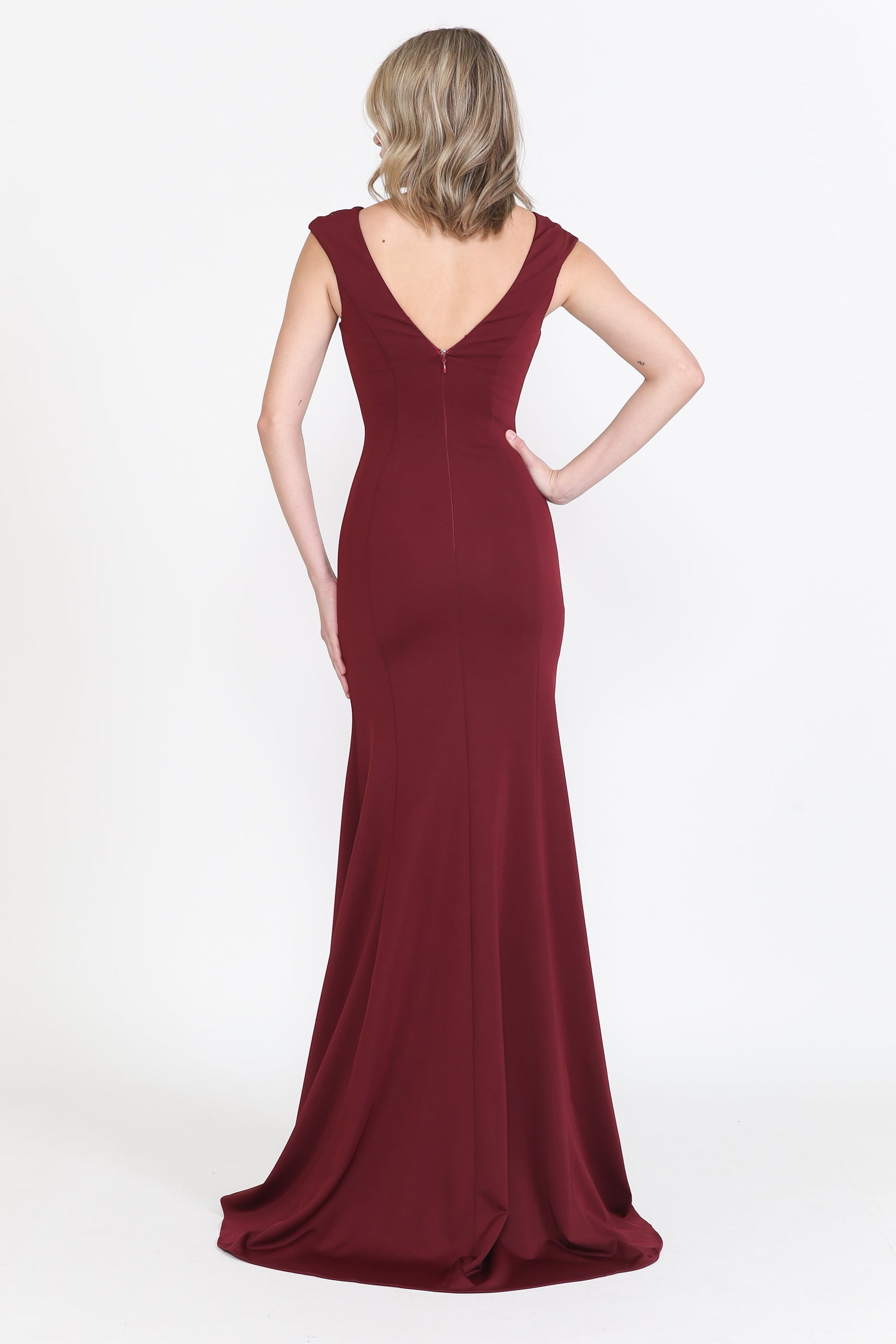 Burgundy V-Neck Floor-Length Heavy Jersey Formal Gown with Side Slit Poly USA 8290