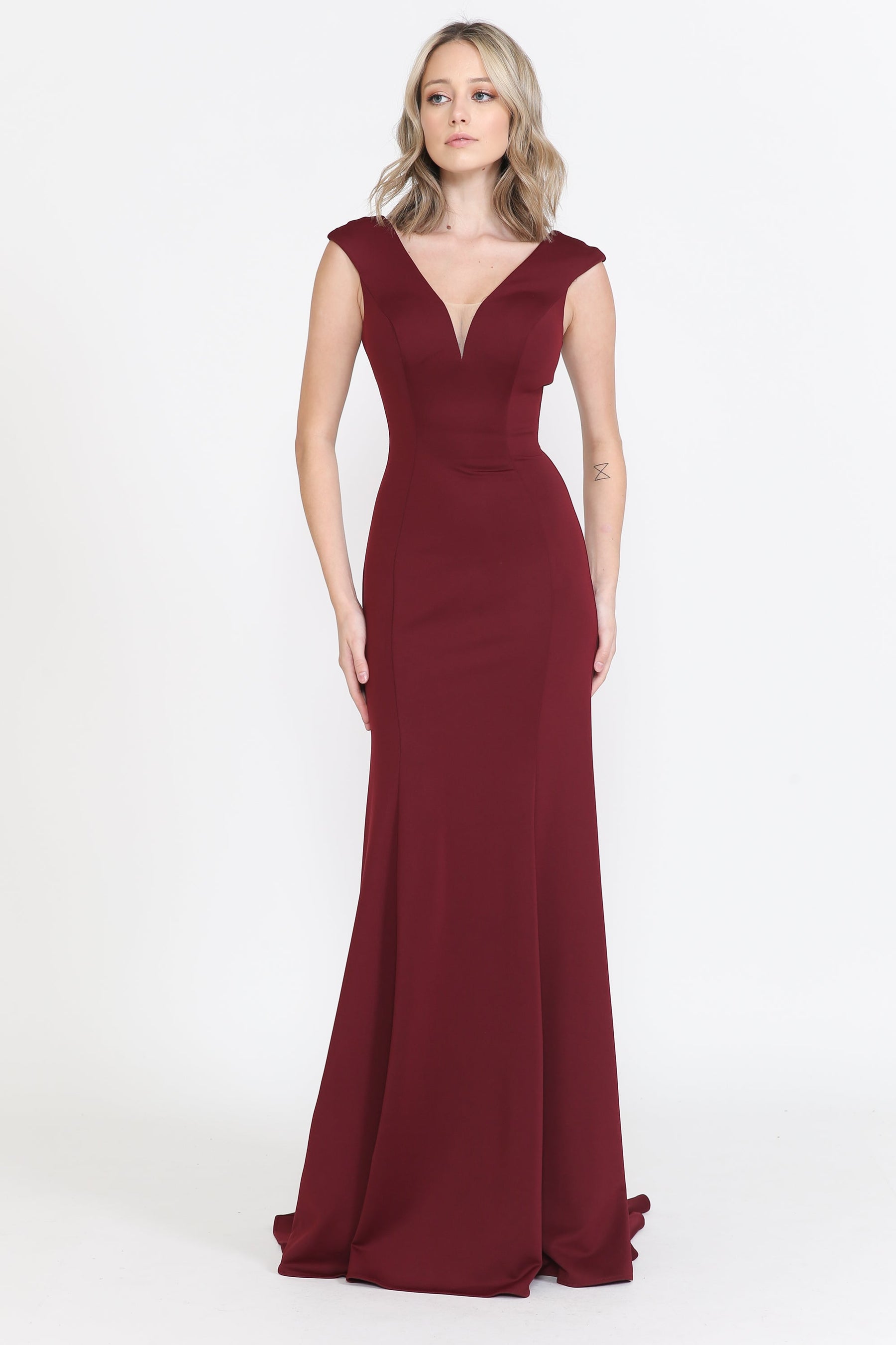 Burgundy V-Neck Floor-Length Heavy Jersey Formal Gown with Side Slit Poly USA 8290