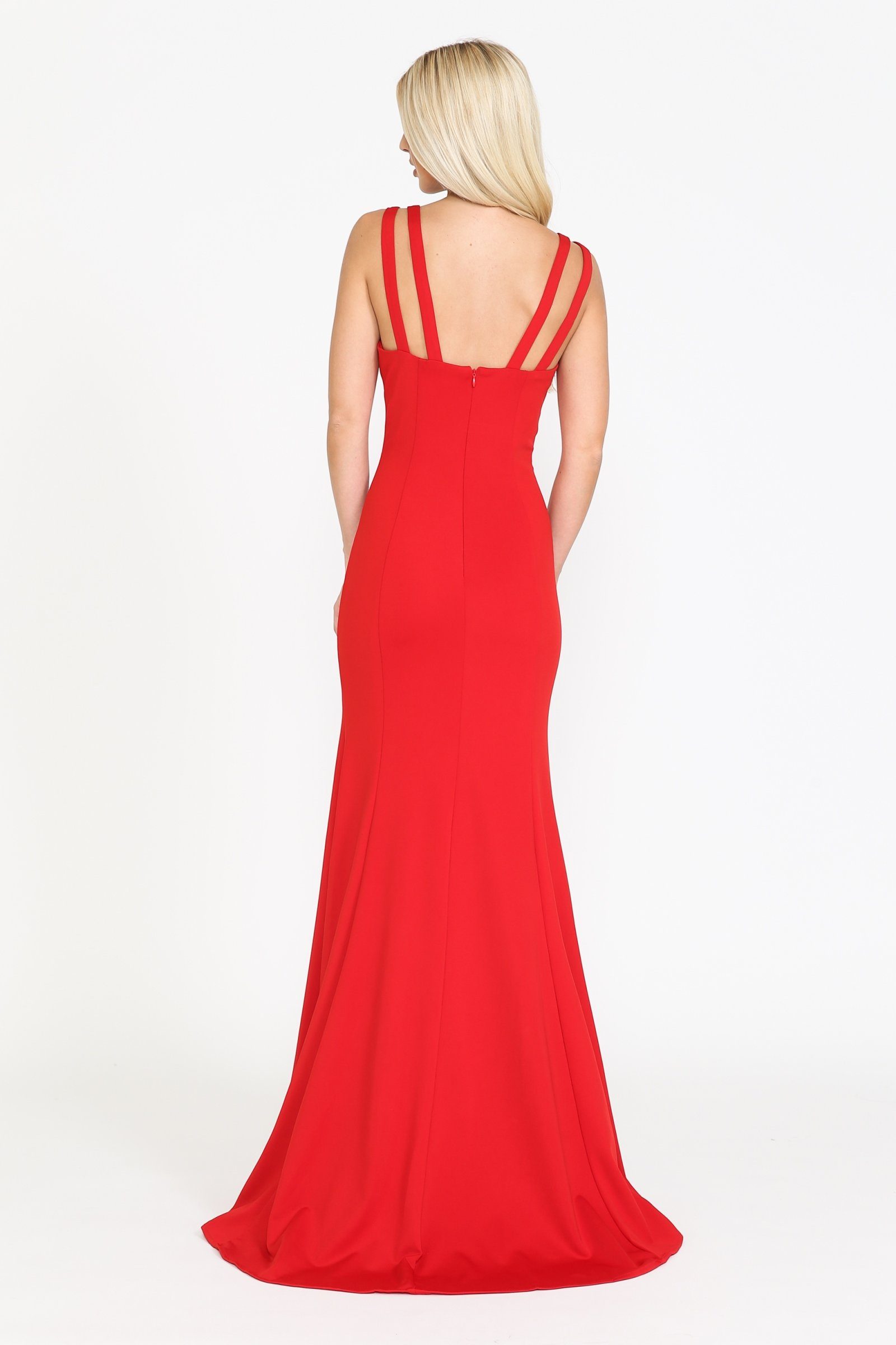 Red V-Neck Floor-Length Jersey Formal Dress with Mermaid Silhouette Poly USA 8392