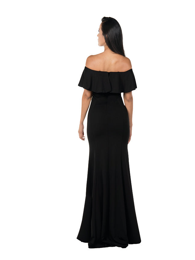 Black Off-the-Shoulder Floor-Length Heavy Jersey Formal Gown with Sweep Train Poly USA 8146
