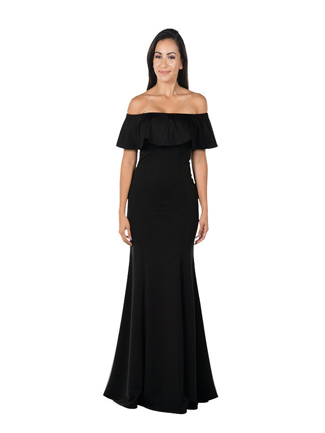 Black Off-the-Shoulder Floor-Length Heavy Jersey Formal Gown with Sweep Train Poly USA 8146