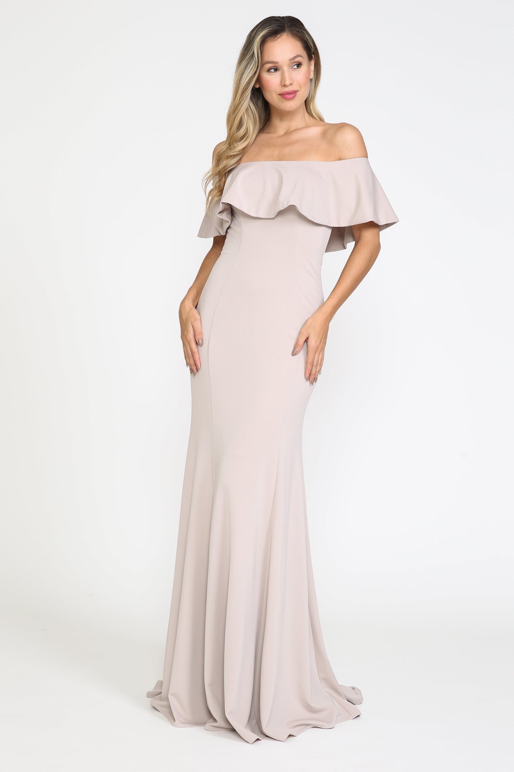 Mocha Off-the-Shoulder Floor-Length Heavy Jersey Formal Gown with Sweep Train Poly USA 8146