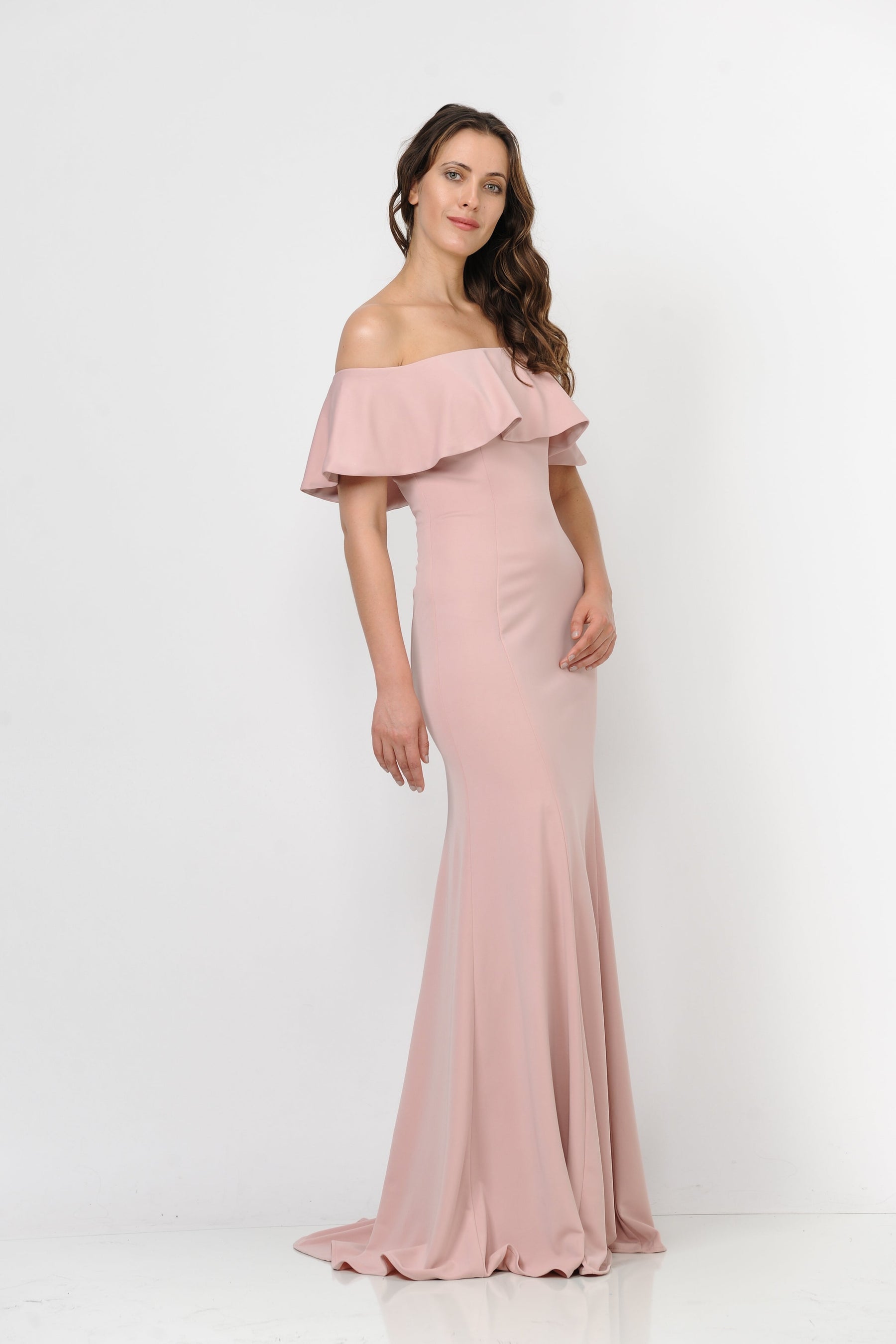 Rose Gold Off-the-Shoulder Floor-Length Heavy Jersey Formal Gown with Sweep Train Poly USA 8146
